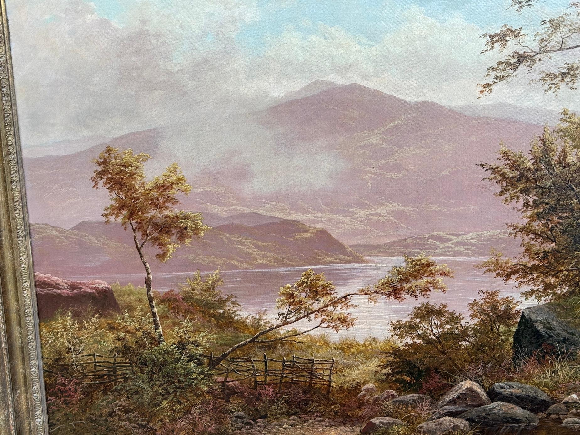 Paysage anglais ancien du 19e siècle représentant des enfants jouant au bord d'un lac ou d'un loque - Marron Landscape Painting par Edgar Longstaffe