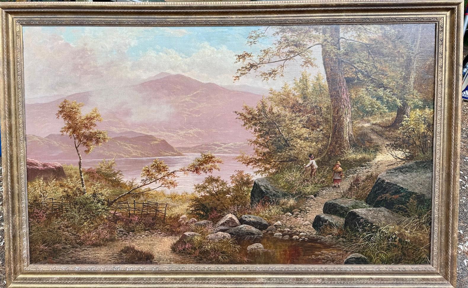 Antiguo paisaje inglés del siglo XIX de niños jugando junto a un lago o un lago