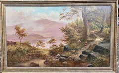 Antique 19th century English Landscape of Children playing by a Lake or Loch