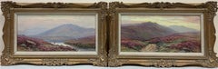 Pair Antique Scottish Oil Paintings Angler in Highland River Landscape & Heather
