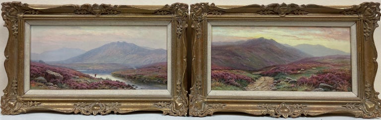 Edgar Longstaffe Figurative Painting - Pair Antique Scottish Oil Paintings Angler in Highland River Landscape & Heather