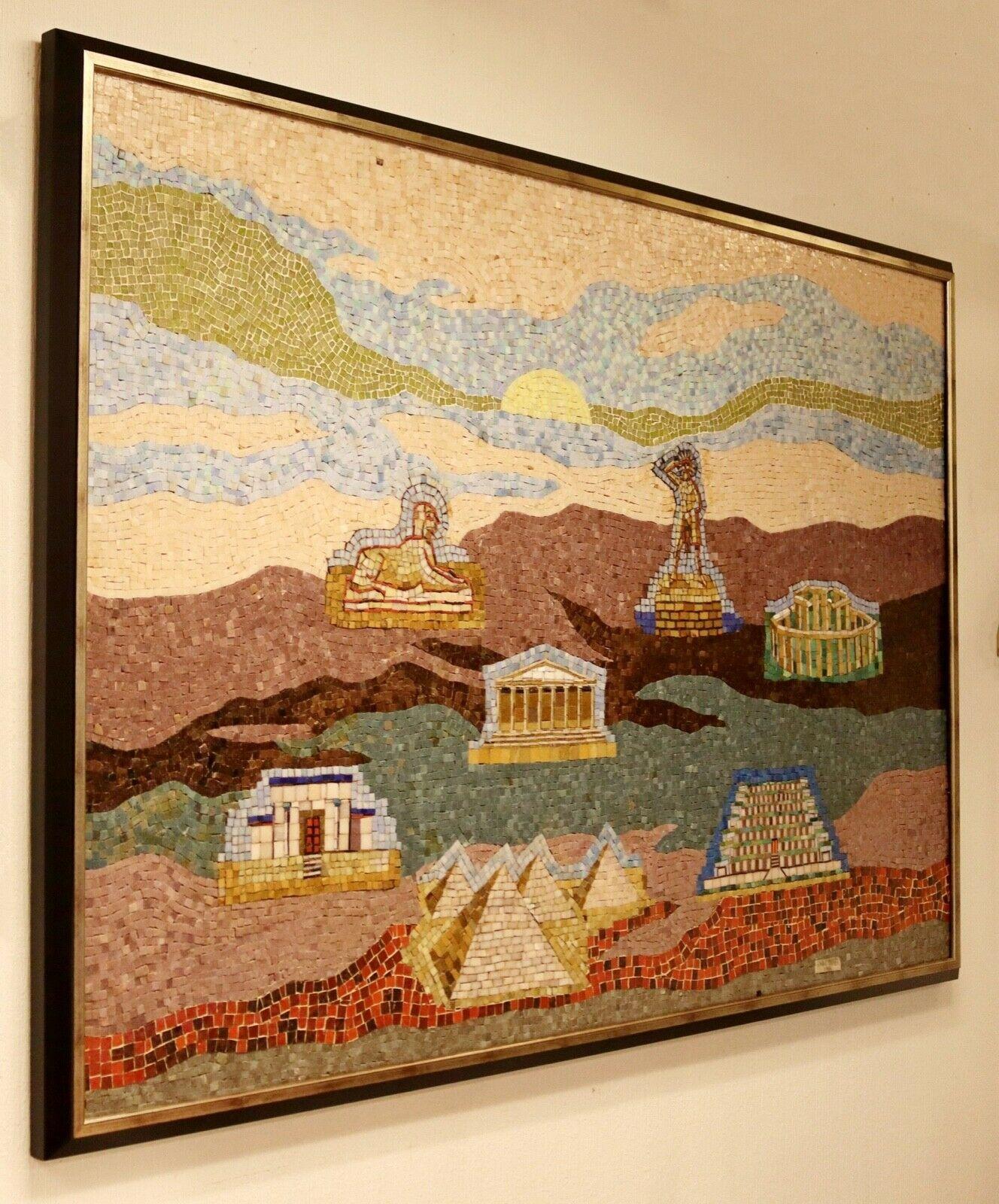 For your consideration is a monumental mosiac mural of world wonders made in 1986 by Michigan artist Edgar Louis Yaegar (51x74). Edgar Louis Yaeger was an American modernist painter from Detroit, Michigan. Yaeger studied under Robert A. Herzberg at