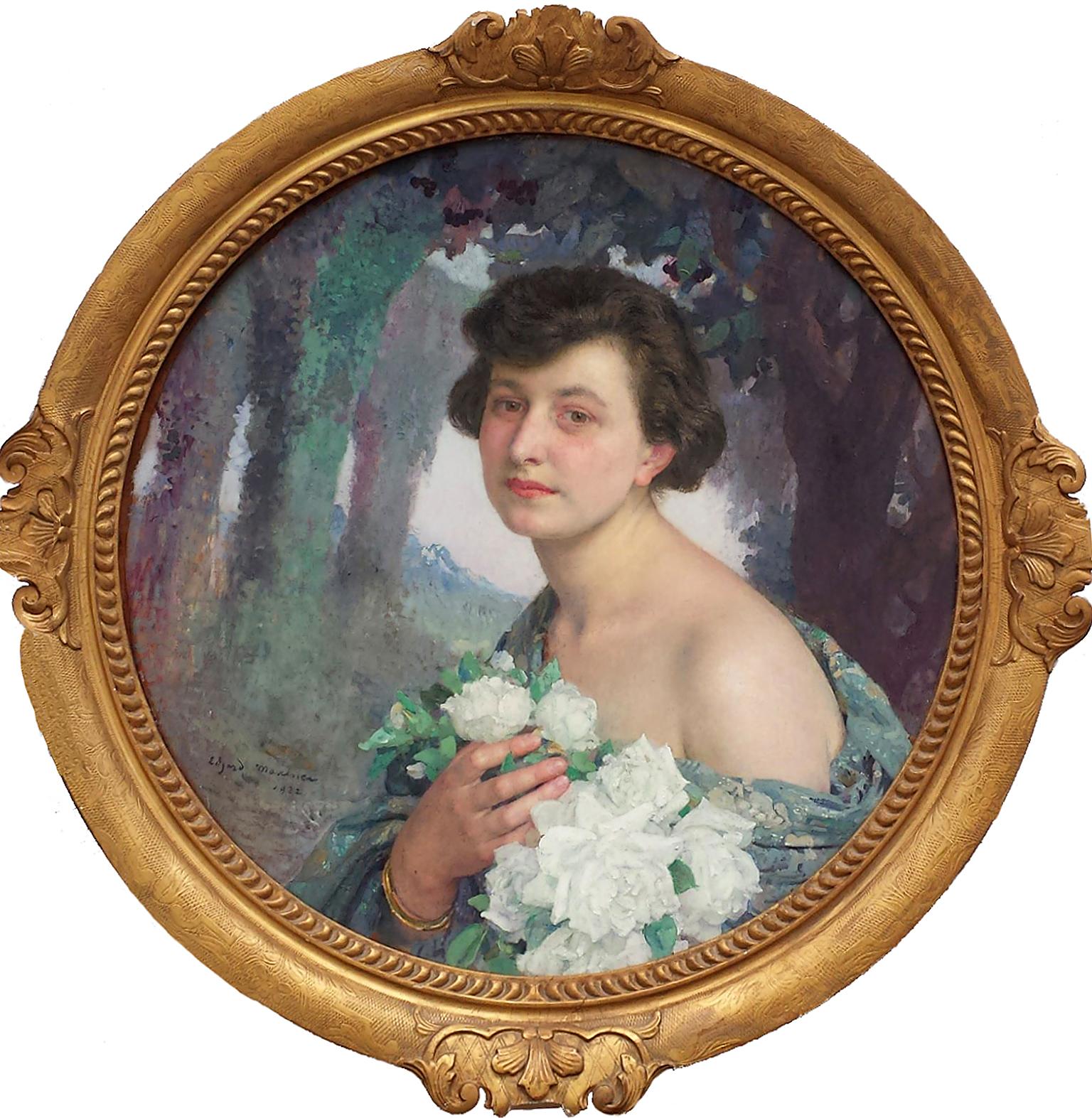 Elegante Frau, die weiße Rosen und Blumen hält, Porträt Champetre Französisch Symbolist  im Angebot 1