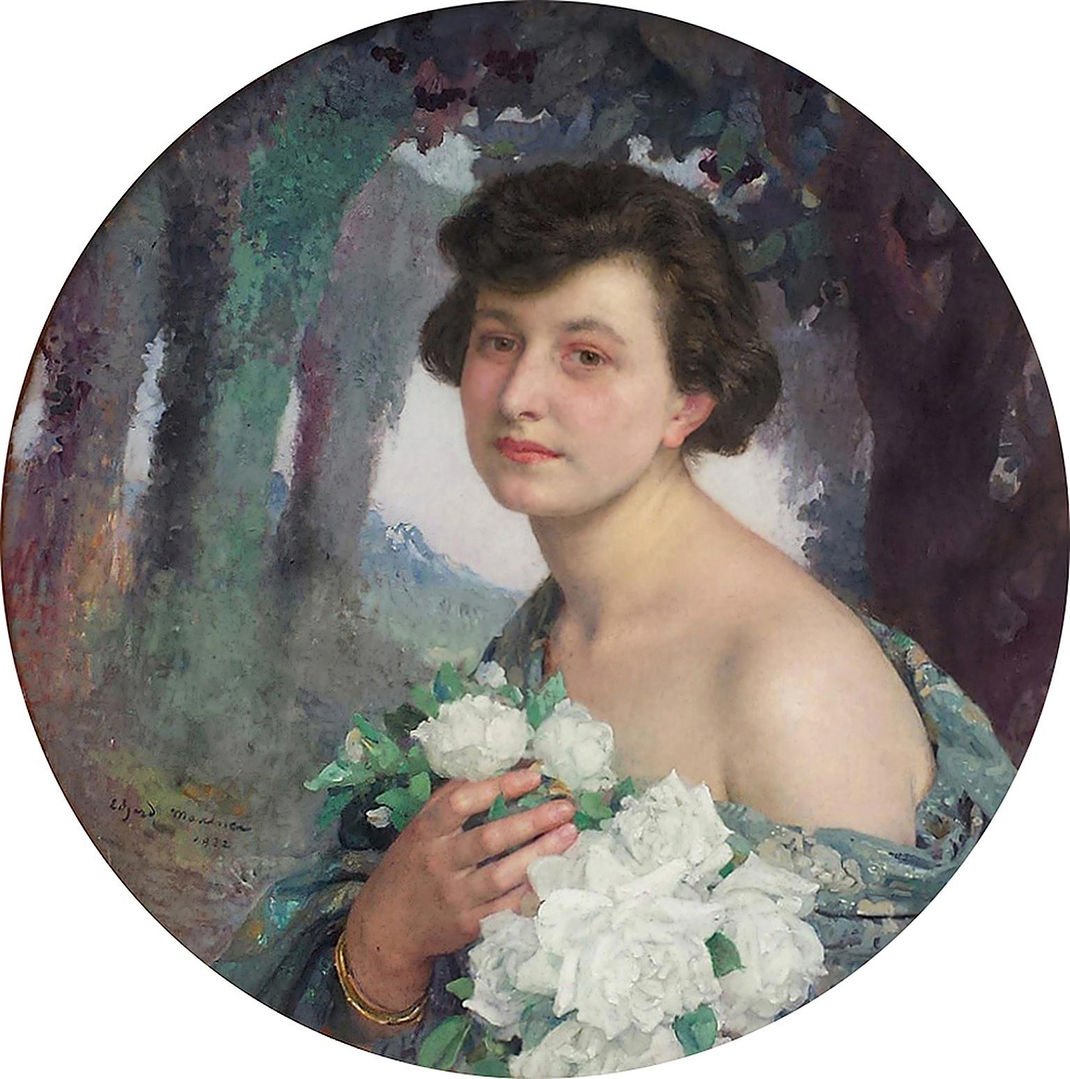 Femme élégante tenant des fleurs de roses blanches, portrait champetre symboliste français 