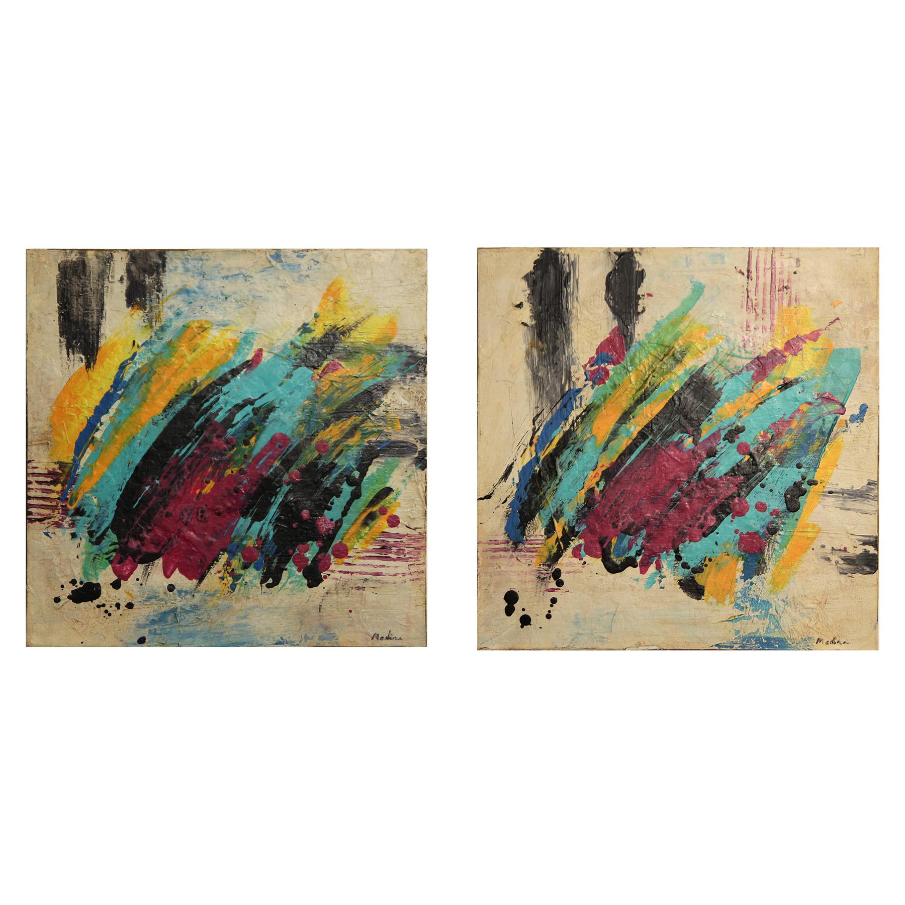 Contemporary Bold Abstract Purple, Teal, Yellow and Black Diptych Painting - Mixed Media Art by Edgar Medina