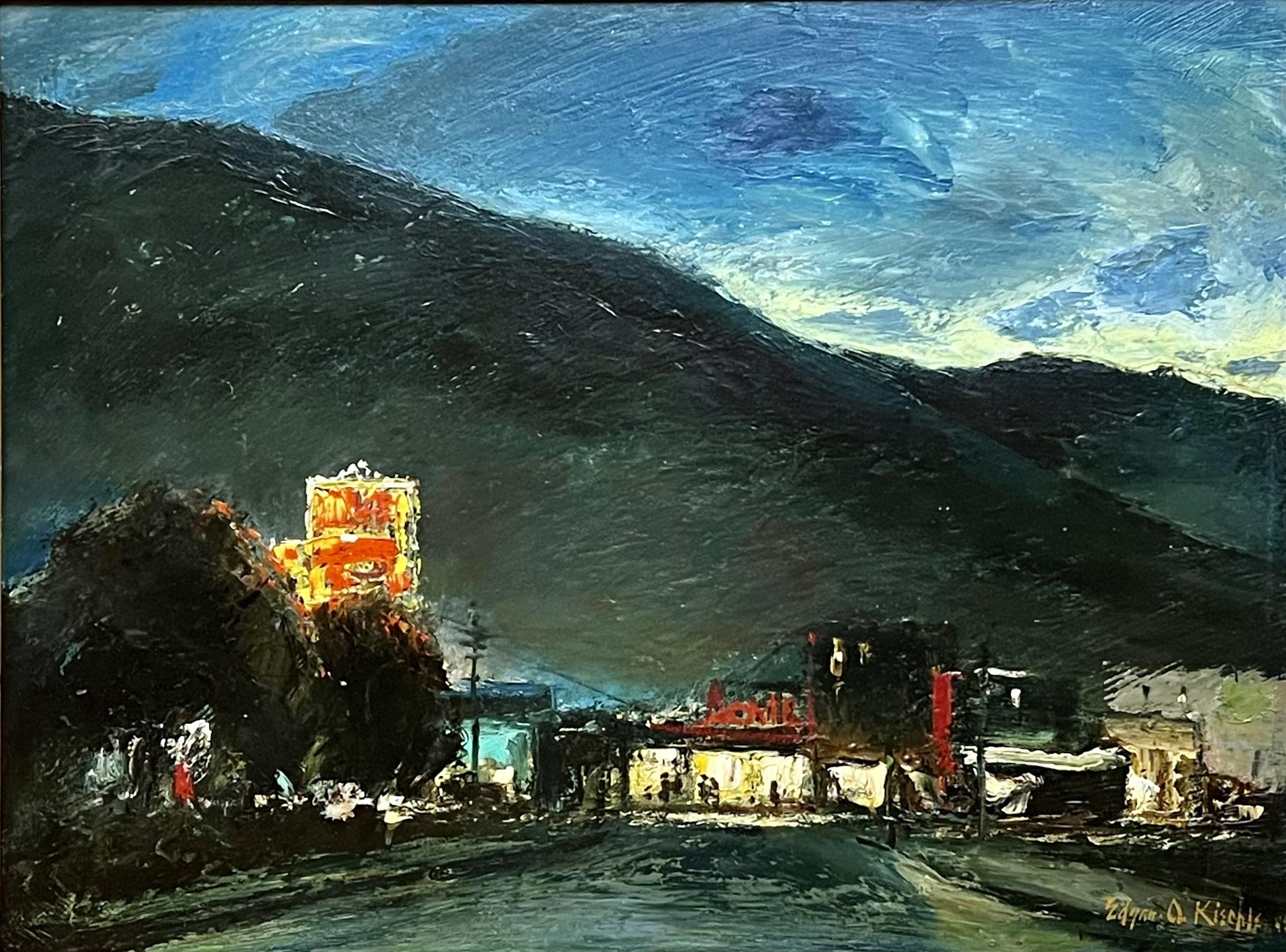 Edgar O. Kiechle Landscape Painting – Ein Straßenbild im Tal bei Nacht
