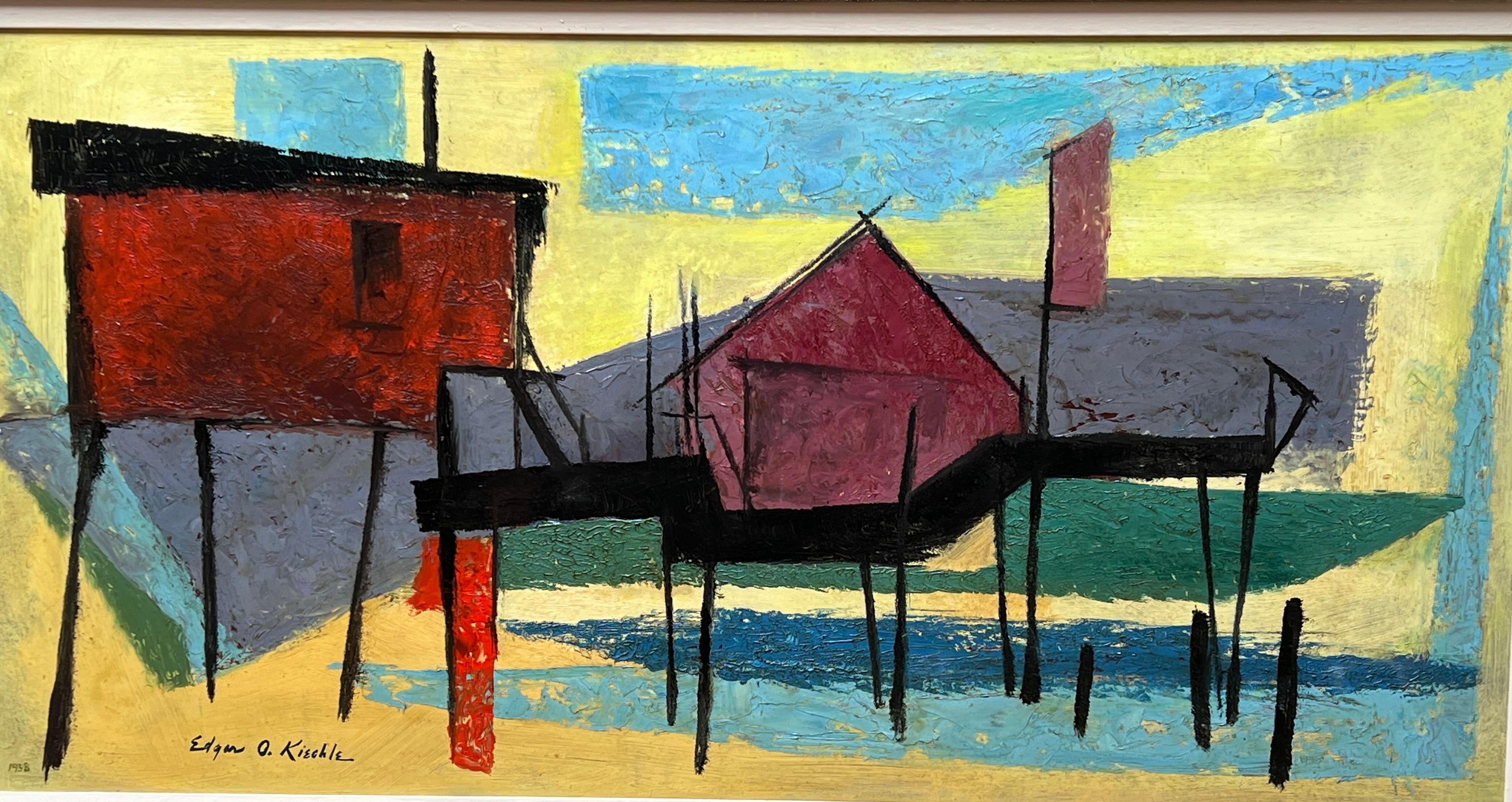 Landschaftslandschaft „Fishermen Houses“, horizontales Ölgemälde von Edgar Kiechle 1911-1946 – Painting von Edgar O. Kiechle