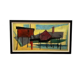 "Fishermen Houses", Peinture à l'huile horizontale de paysage d'Edgar Kiechle 1911-1946