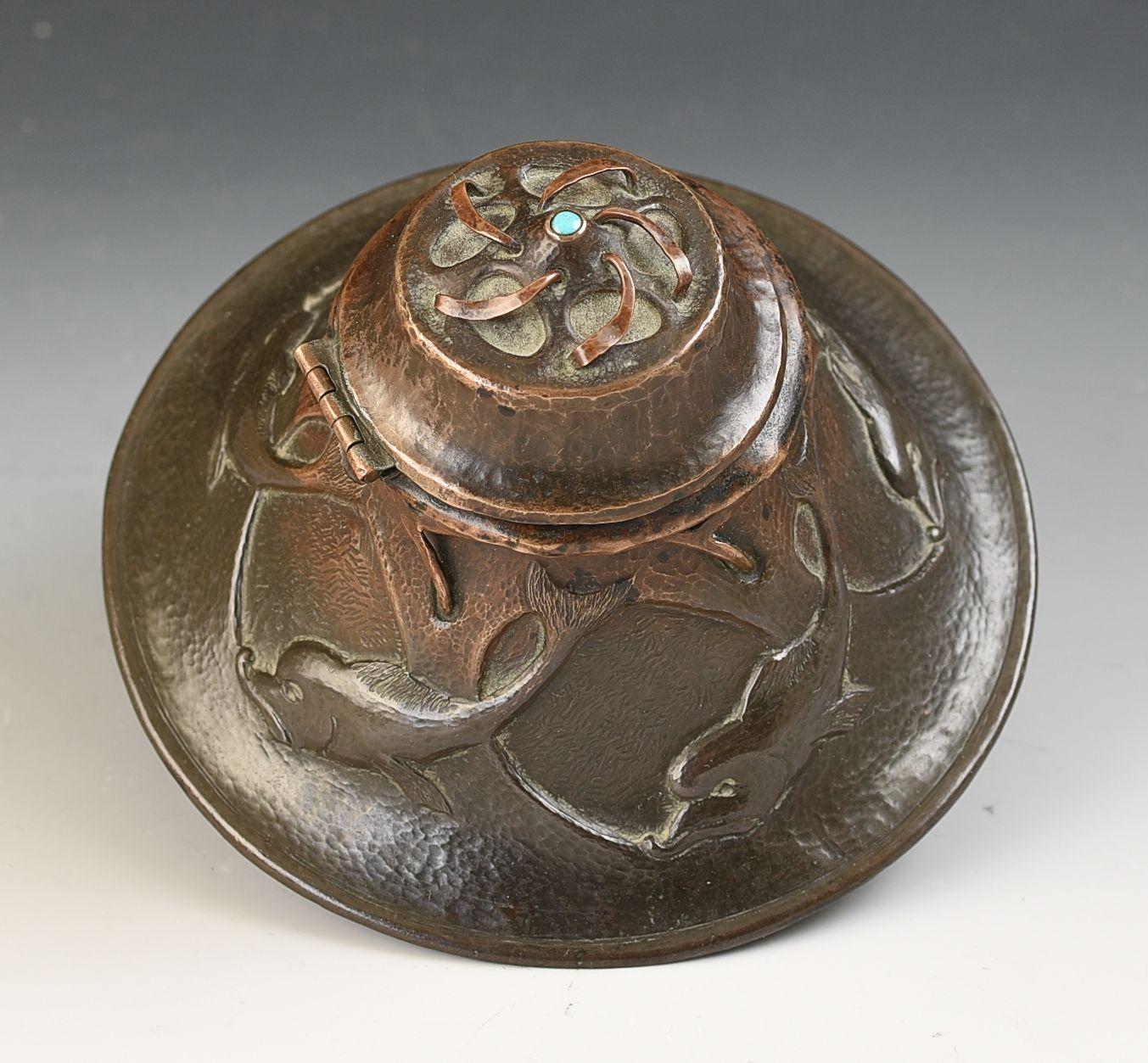 British Edgar Gilstrap Simpson ARTS & CRAFTS INKWELL, RUSKIN POTTERY LINER C.1900 For Sale