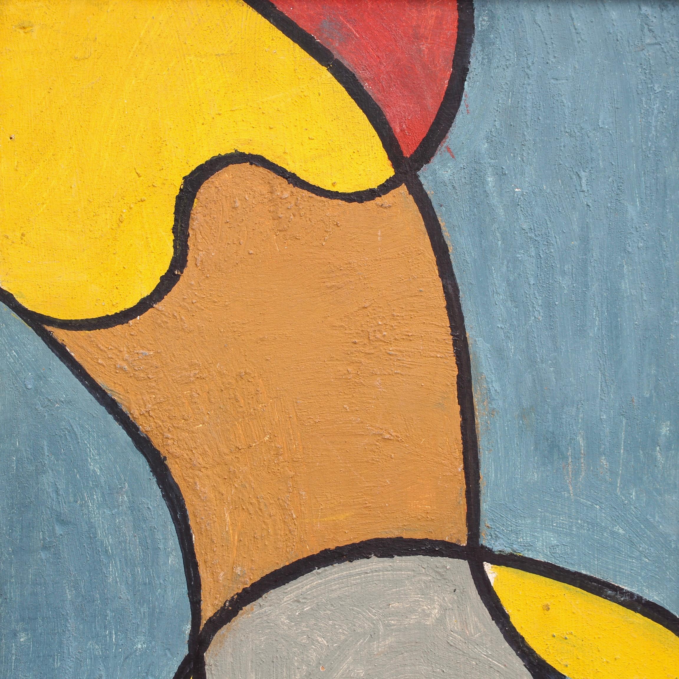composition sur fond bleu, huile sur carton (vers les années 1960), par Edgar Stoëbel (1909-2001). Dans son style inimitable, l'image abstraite à fond bleu de l'artiste Stoëbel est une œuvre moderniste vivante et colorée. L'image a une qualité pop