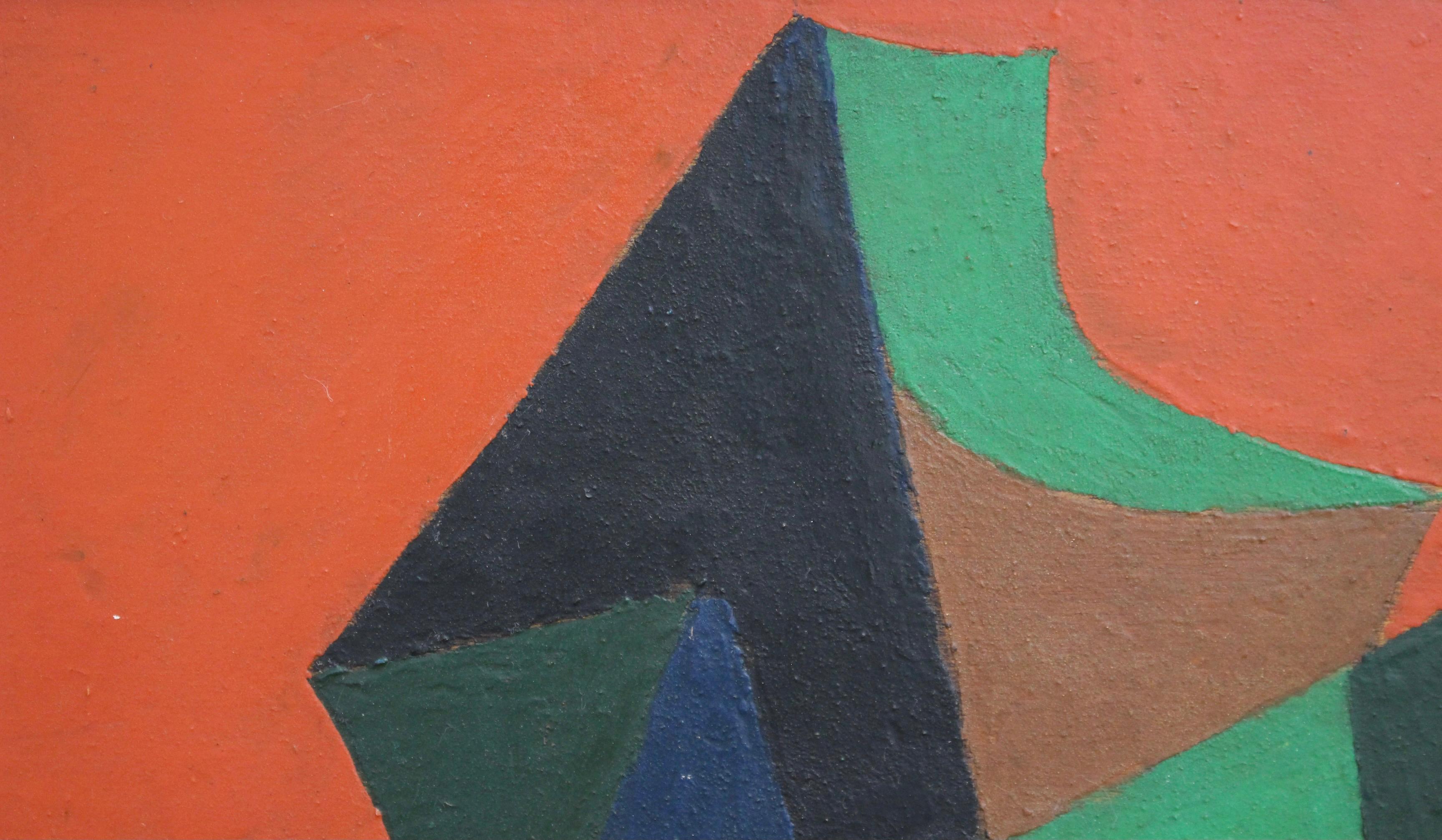Composition géométrique sur fond orange, huile sur carton (vers les années 1960), par Edgar Stoëbel (1909-2001). Dans son style inimitable, la composition abstraite sur fond orange de l'artiste Stoëbel est une œuvre moderniste vivante et colorée.