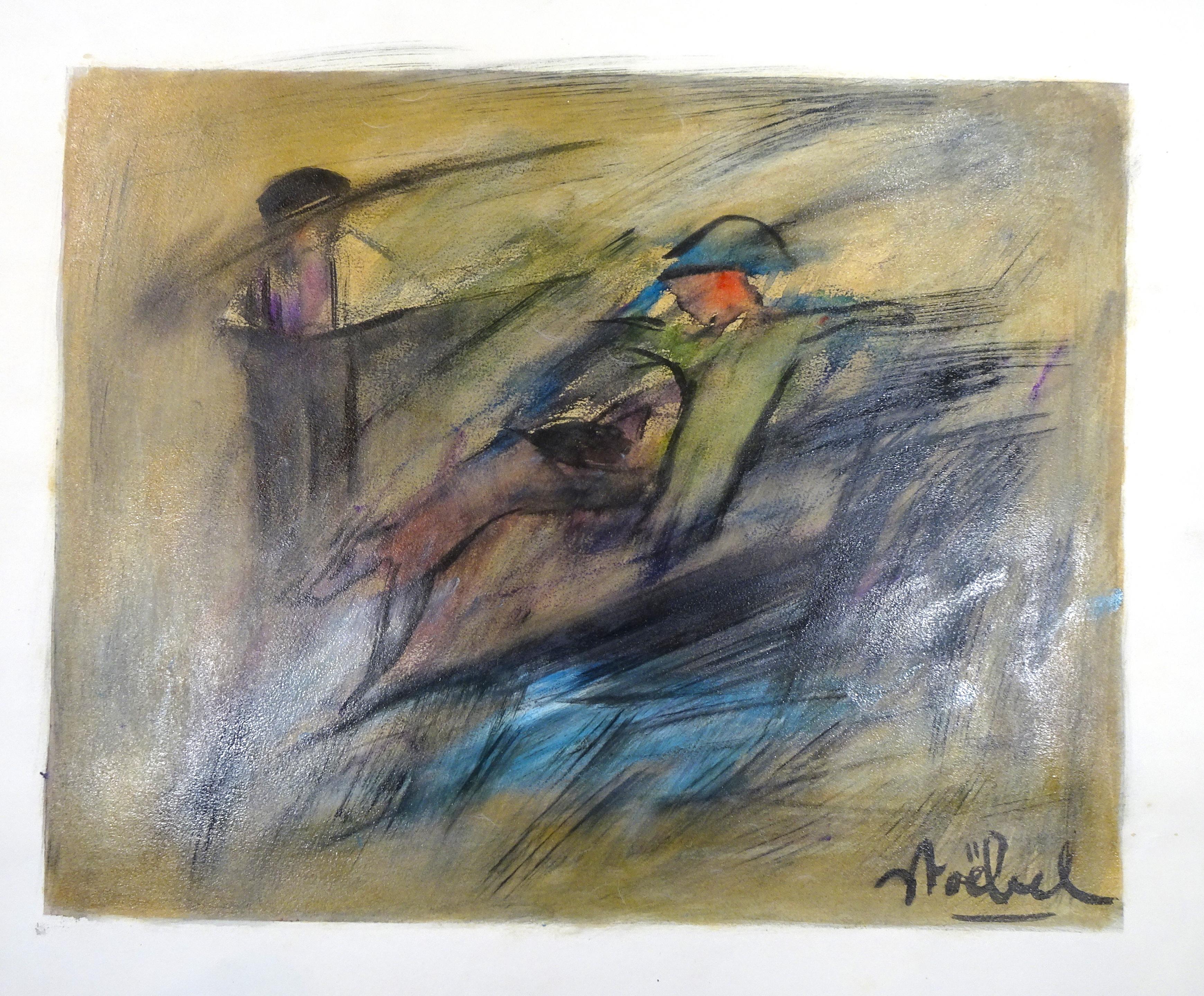 Abstract Painting Edgar Stoëbel - Hockey - Tempera originale sur papier d'E. Stoebel - années 1980