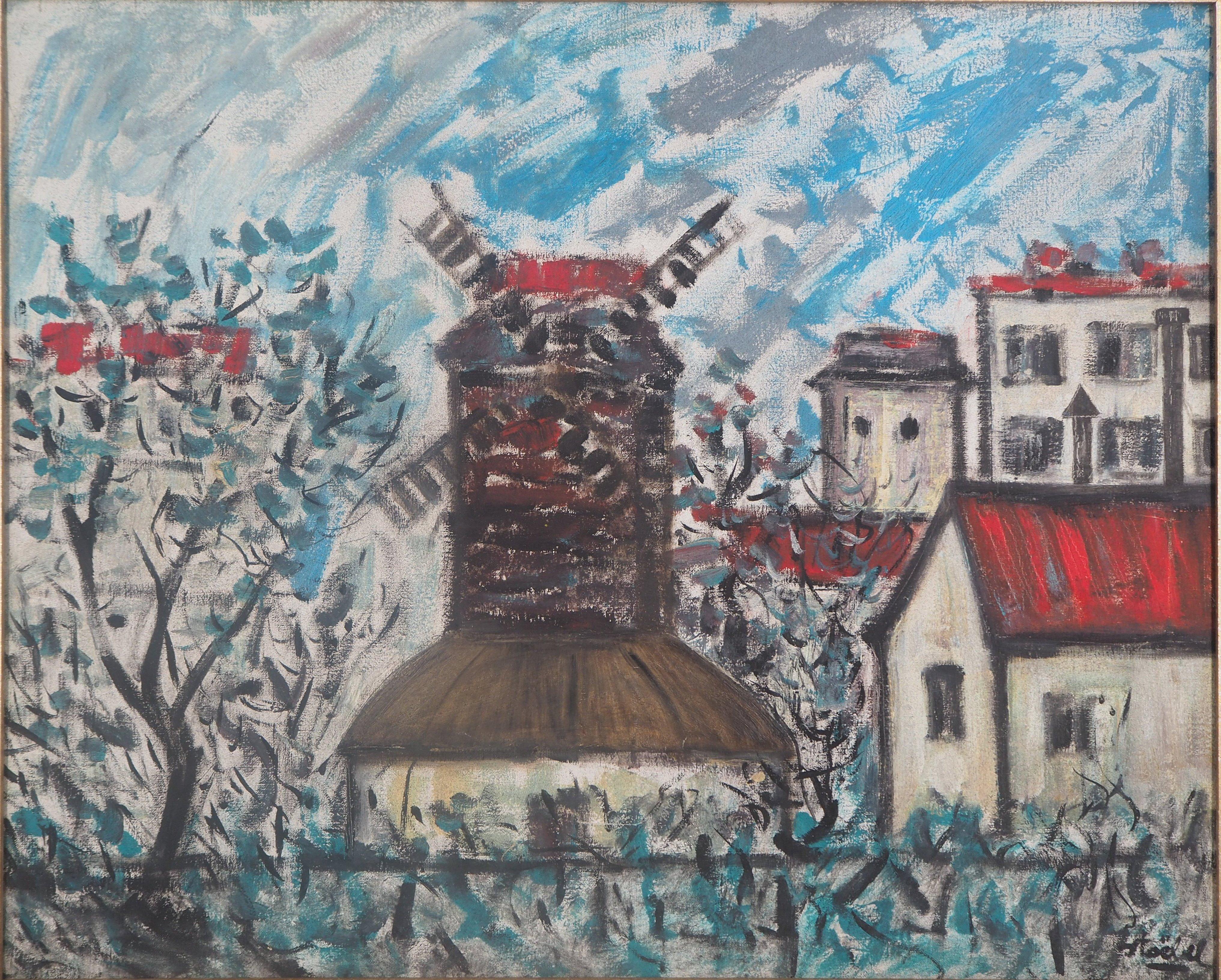 Paris : vieille moulin à vent à Montmartre - Original  Huile sur toile, signée - Painting de Edgar Stoëbel