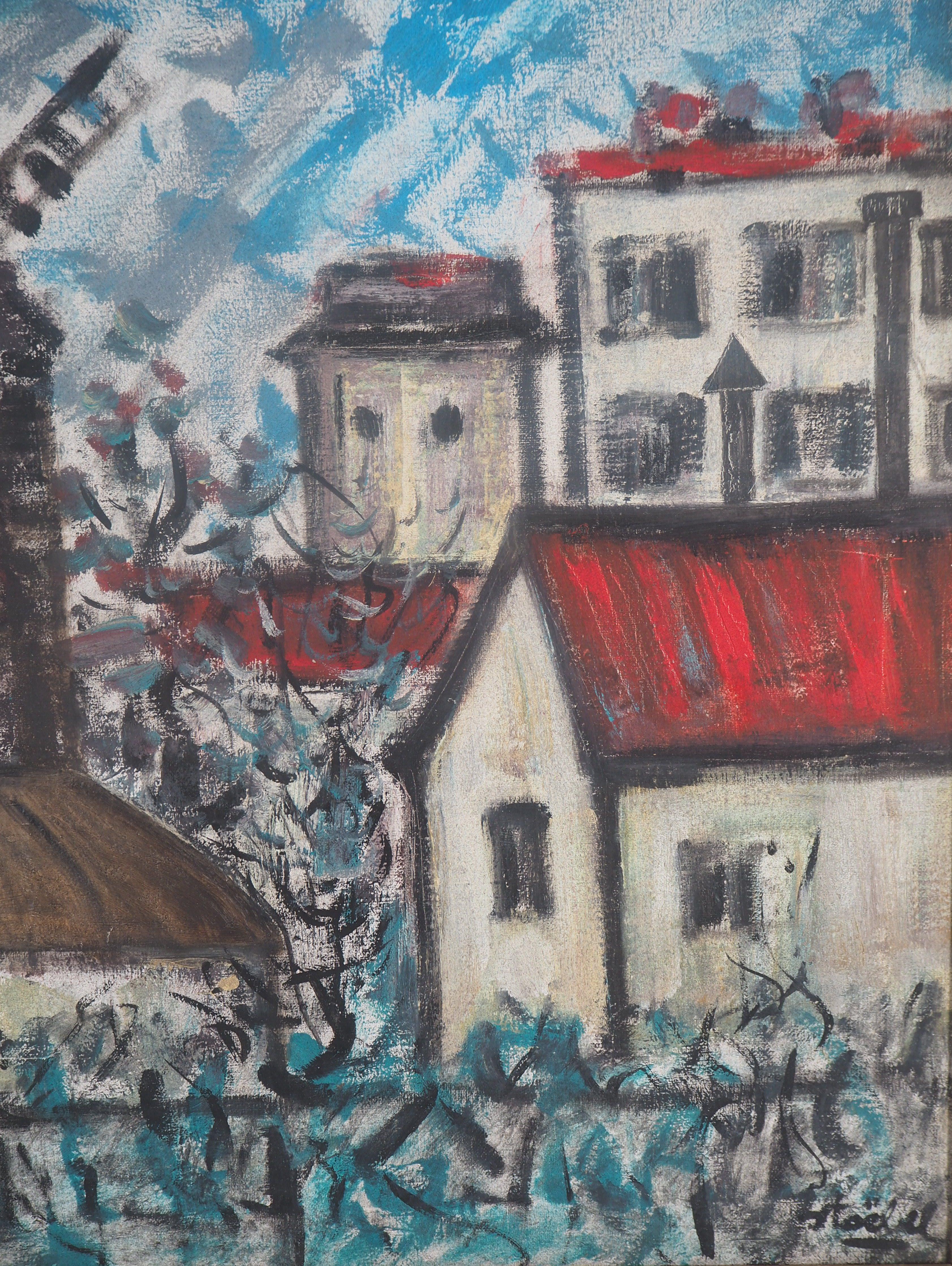 Paris : vieille moulin à vent à Montmartre - Original  Huile sur toile, signée - Gris Landscape Painting par Edgar Stoëbel