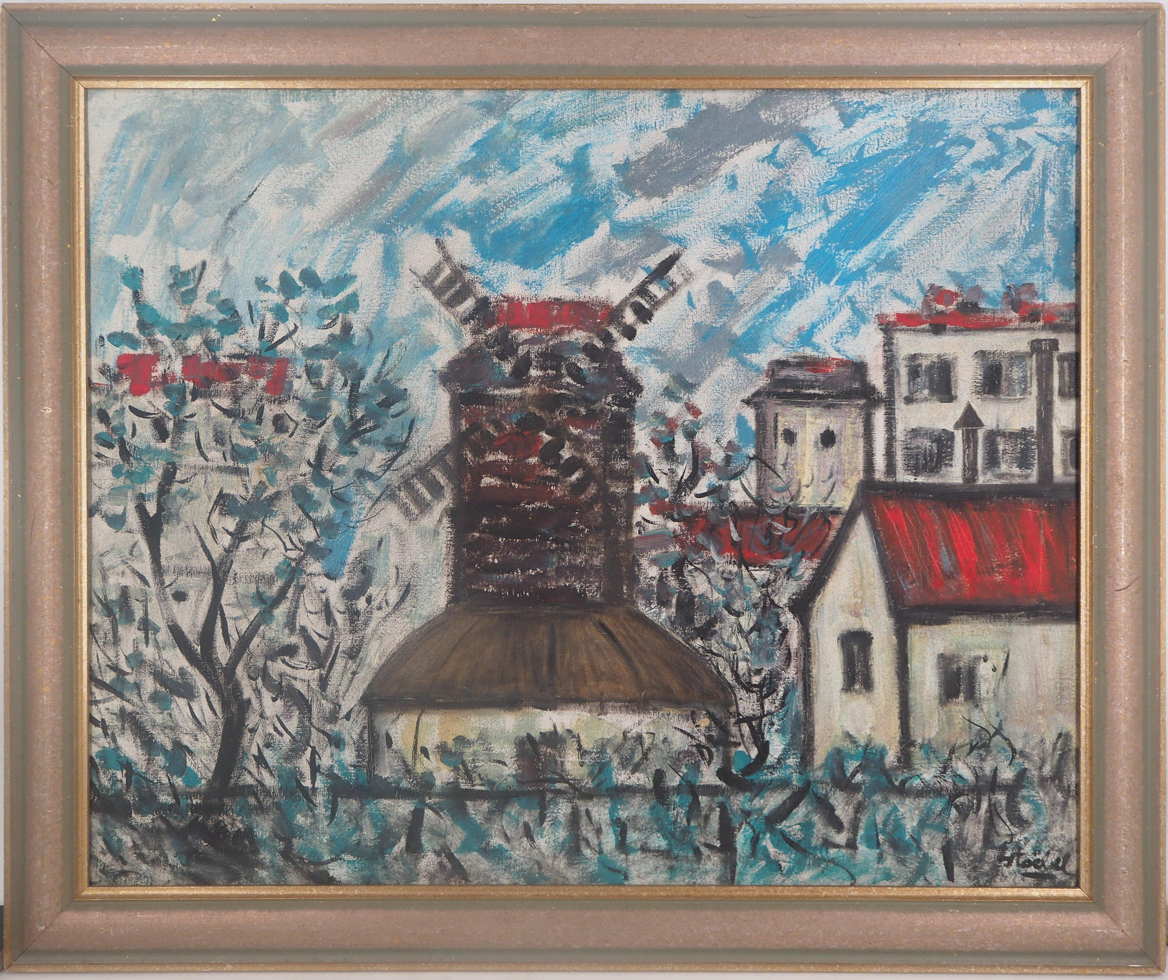 Landscape Painting Edgar Stoëbel - Paris : vieille moulin à vent à Montmartre - Original  Huile sur toile, signée