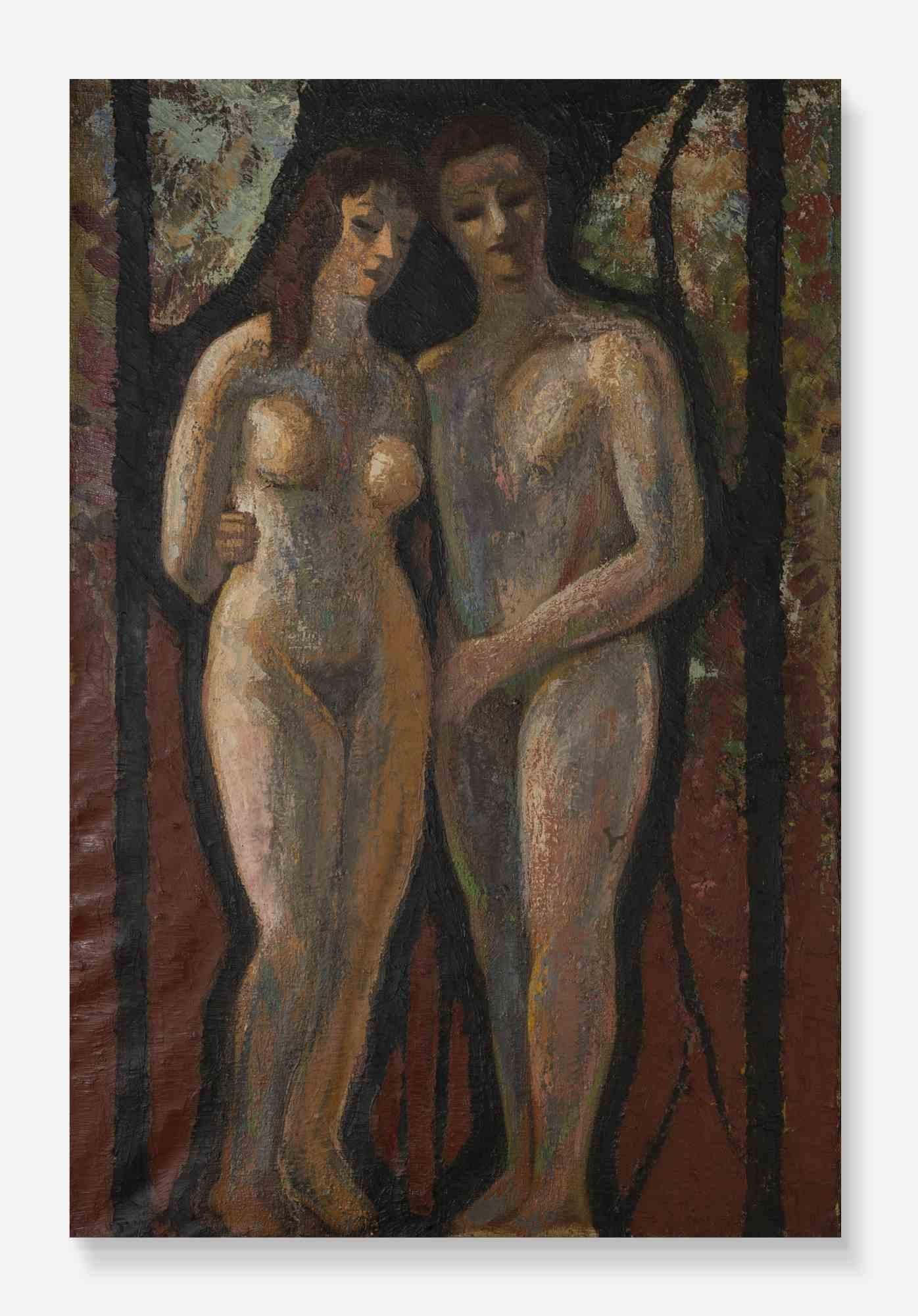 Edgar Stoëbel Nude Painting - The Couple - Oil Paint attr. Edgar Stoebel - Mid-20th Century