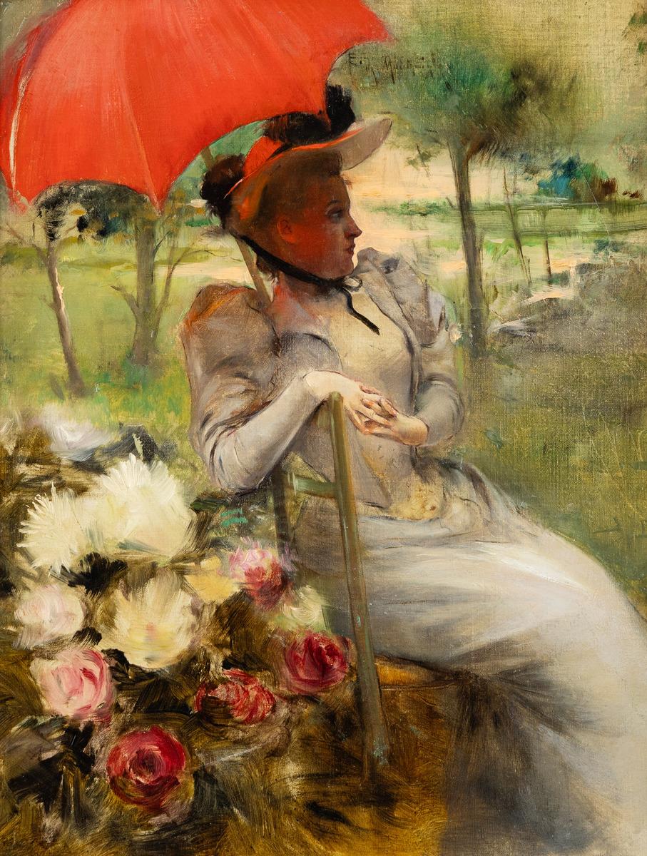 The Red Parasol, Öl auf Leinwand von Edgard de St-Pierre De Montzaigle im Angebot 4