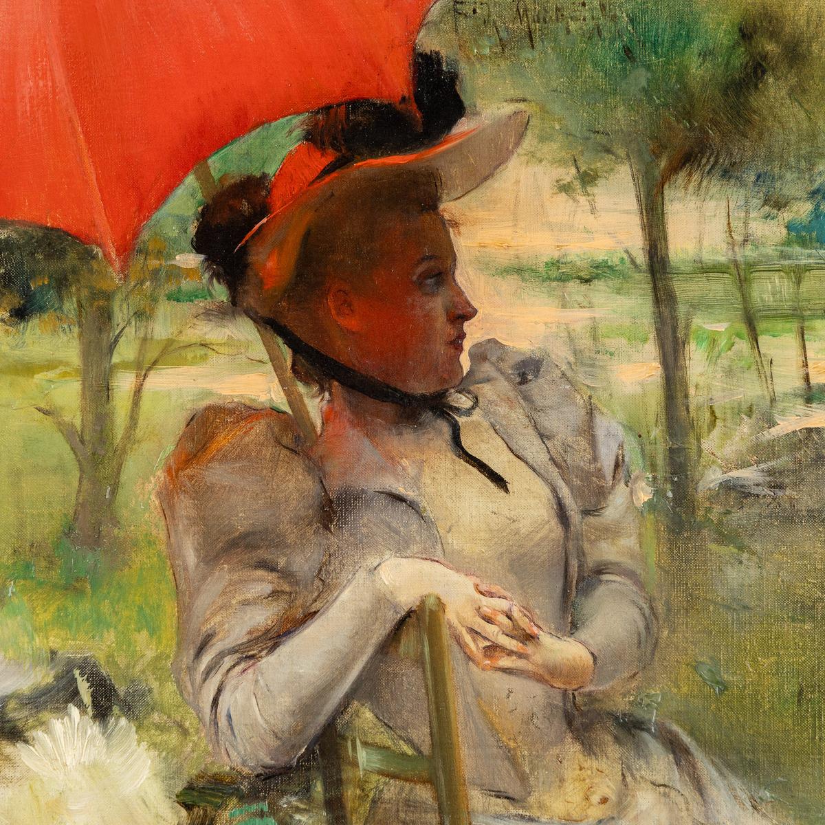 The Red Parasol, Öl auf Leinwand von Edgard de St-Pierre De Montzaigle im Angebot 5