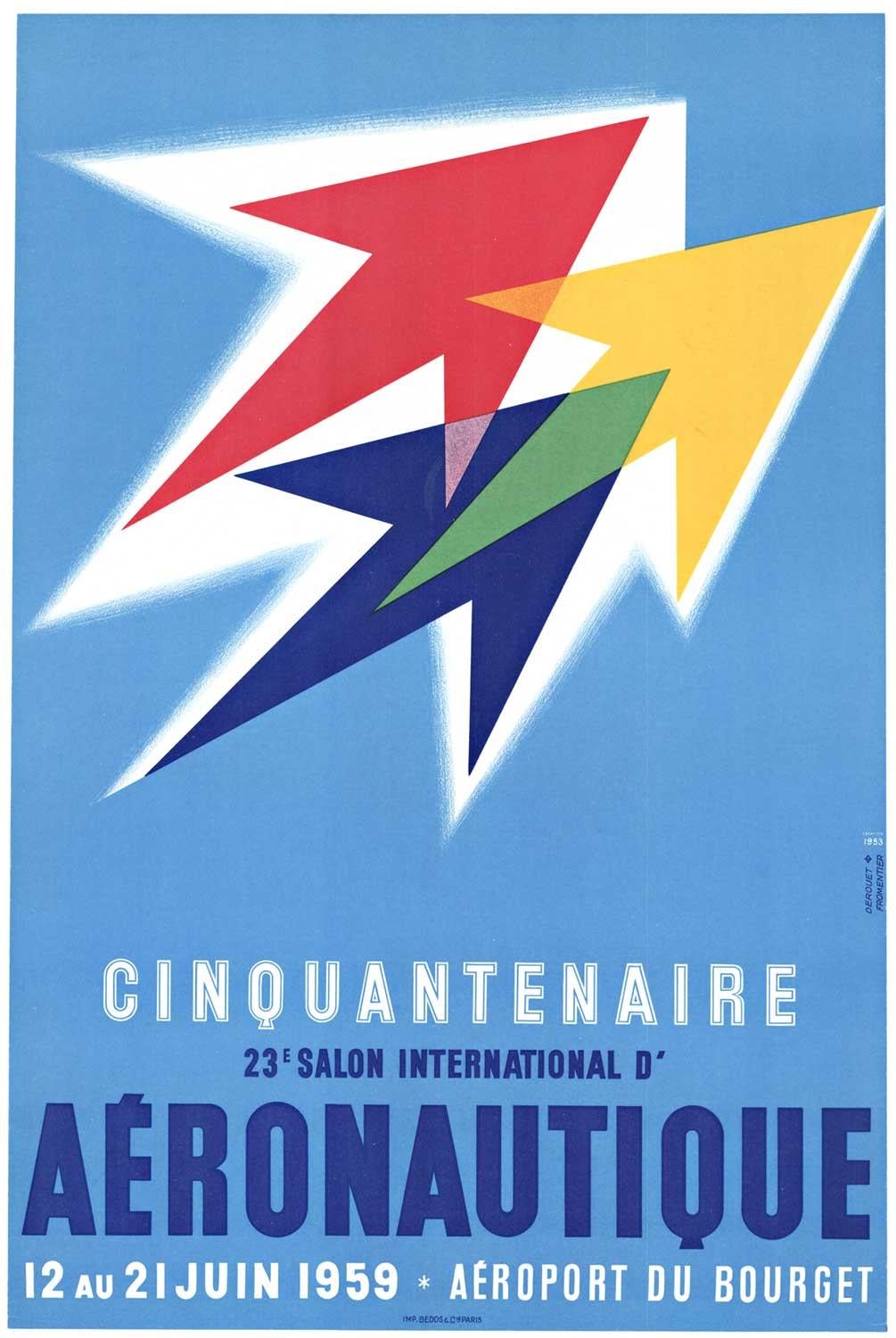 Edgard Derouet Abstract Print - Original Cinquantenaire Aeronautique  Bourget,  vintage air show poster