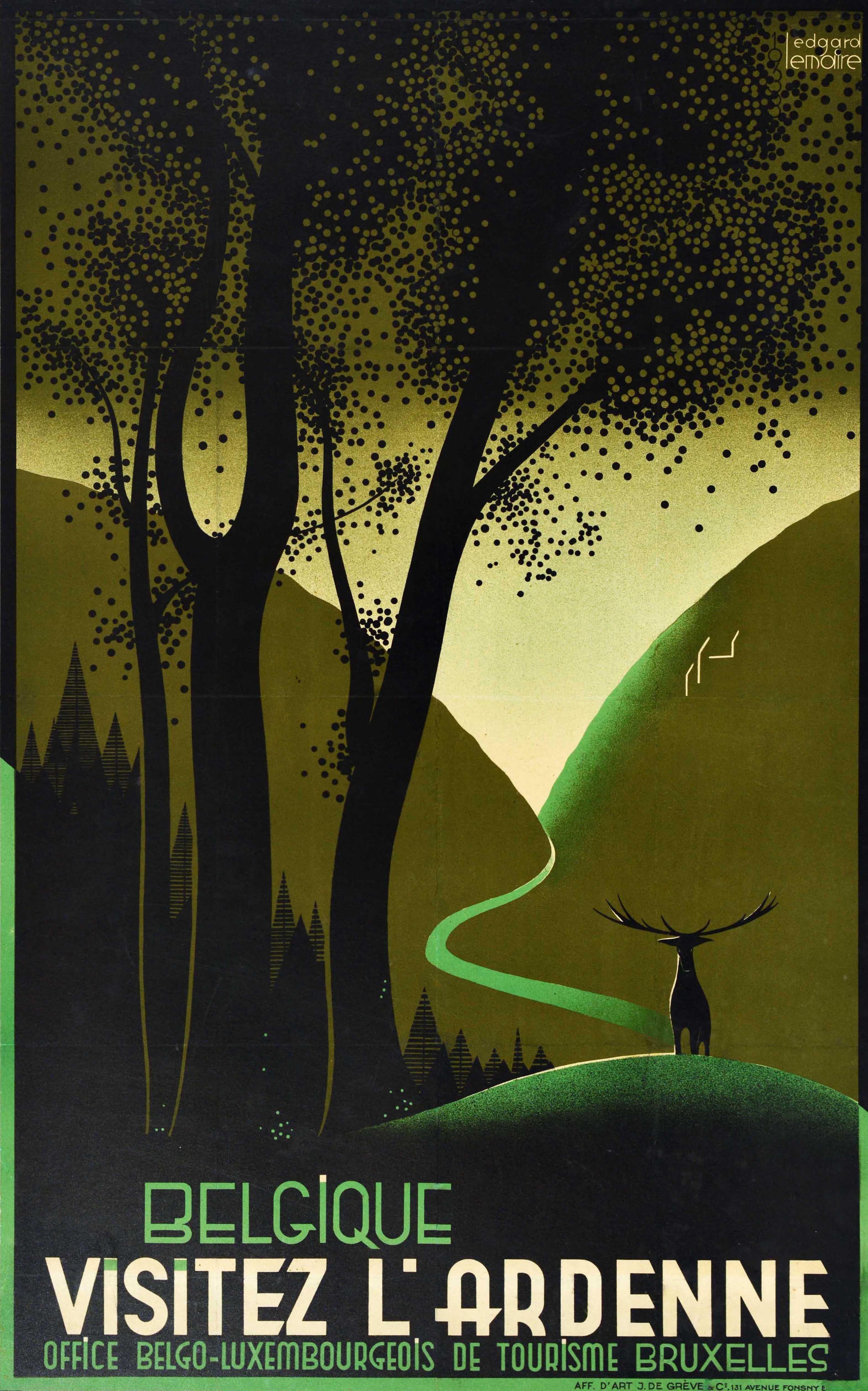 Edgard Lemaire Print - Original Vintage Travel Poster Belgium Ardennes Forest Art Deco Stag Belgique