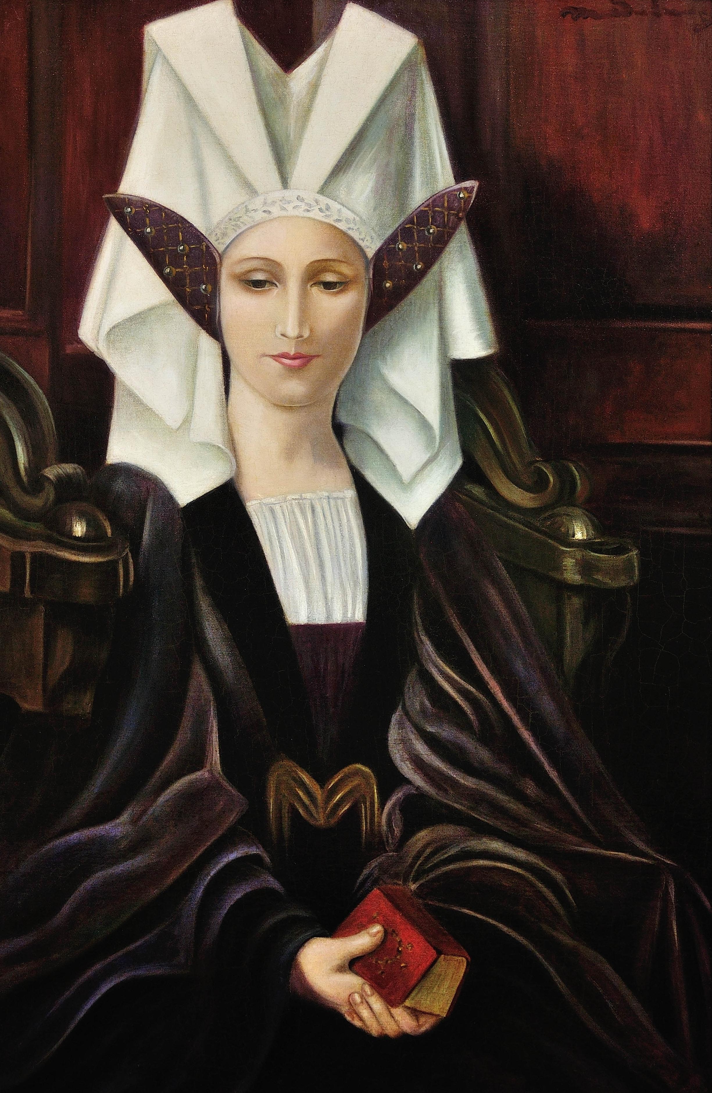 Peinture à l'huile symboliste bretonne encadrée Circa 1910 Costume liturgique - Painting de Edgard Maxence