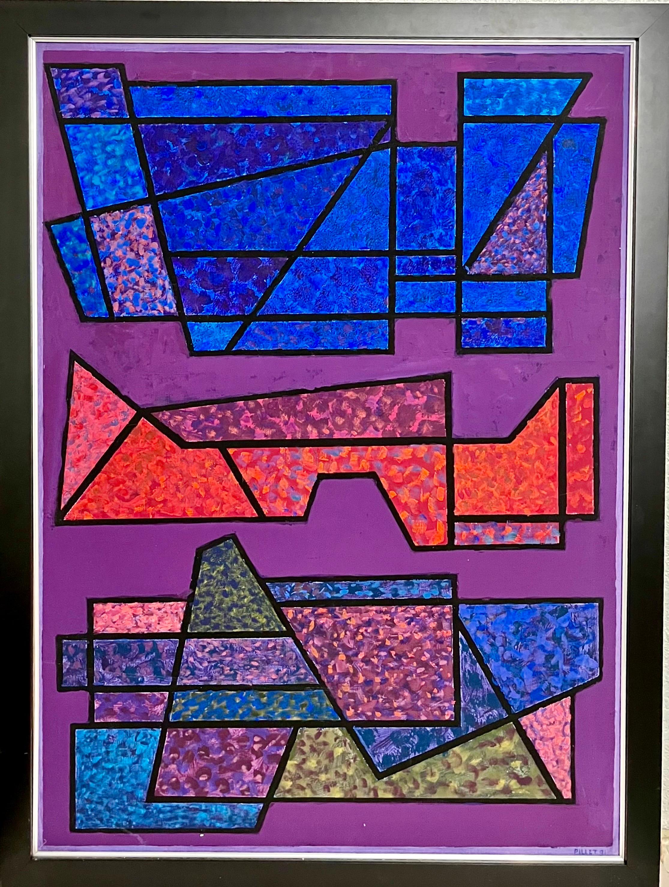 Edgard Pillet (French, 1912-1996). 
Modern Abstract oil painting on canvas. 
Titled "Olifant". A vibrant work featuring colors of purple, pinks and blues. Hand signed and dated 1991 lower right. 
Hand inscribed artist name, title and dated '91 on