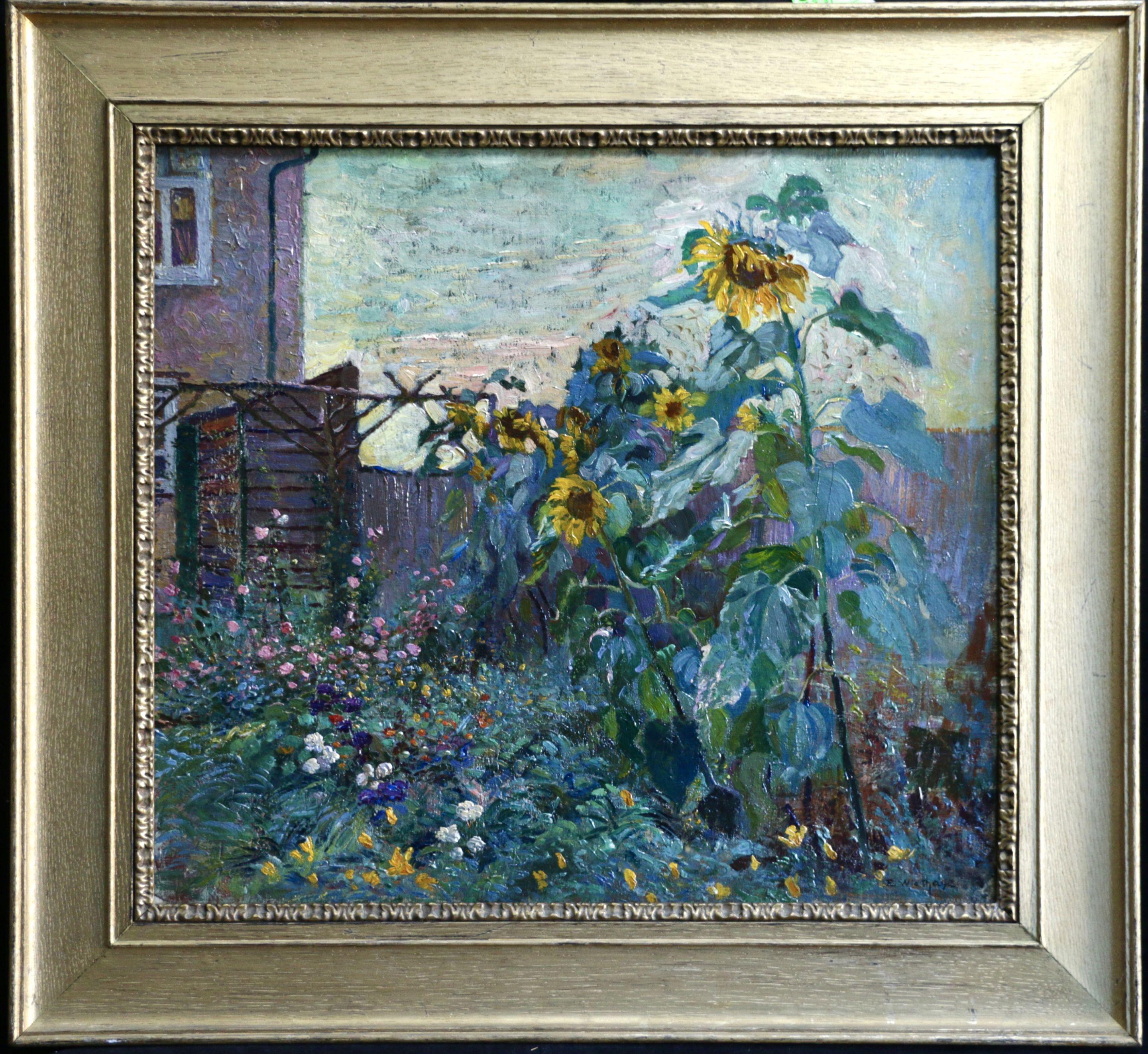 Sunflowers, Early 20th Century Belgian Post-Impressionist Flowers Landscape - Painting by Edgard Wiethase