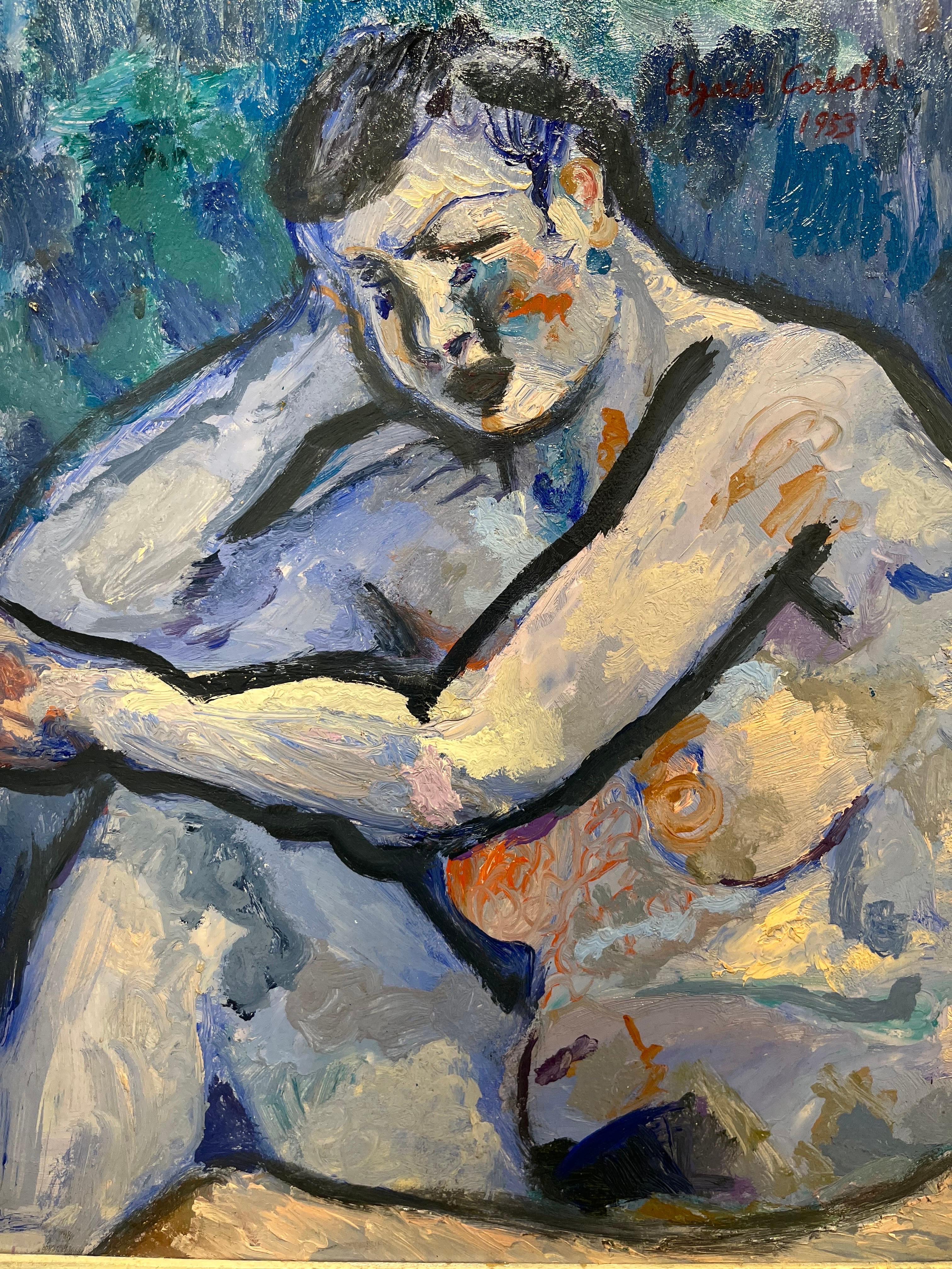 
Nudo blu, 1953
Olio su tela
Firmato e datato in alto a destra
Edgardo Corbelli (Torino, 1918 - 1989)
Dalla composizione tradizionale degli anni '30, la pittura di Corbelli porta a risultati tecnici ed espressivi dominati da un segno impetuoso