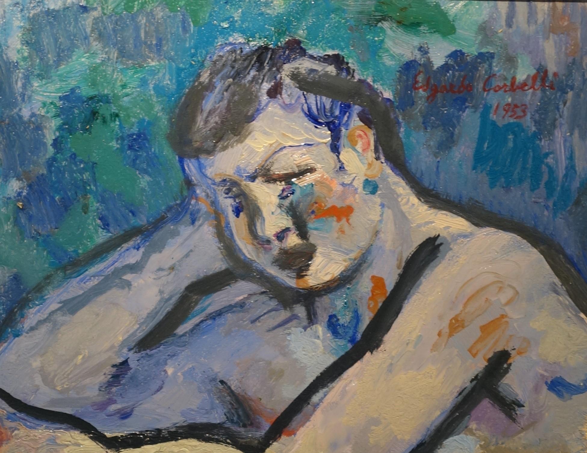Peinture à l'huile « Nu bleu », 50 x 60 cm, 1953 - Expressionniste Painting par Edgardo Corbelli