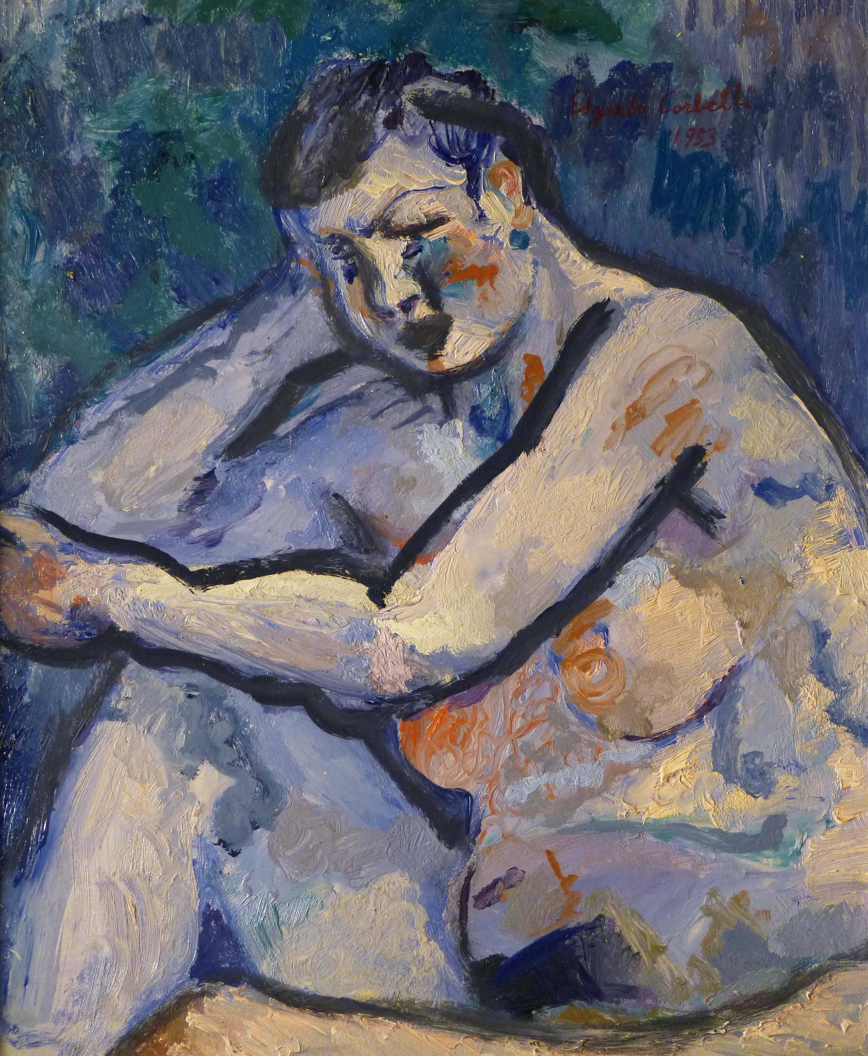 Figurative Painting Edgardo Corbelli - Peinture à l'huile « Nu bleu », 50 x 60 cm, 1953