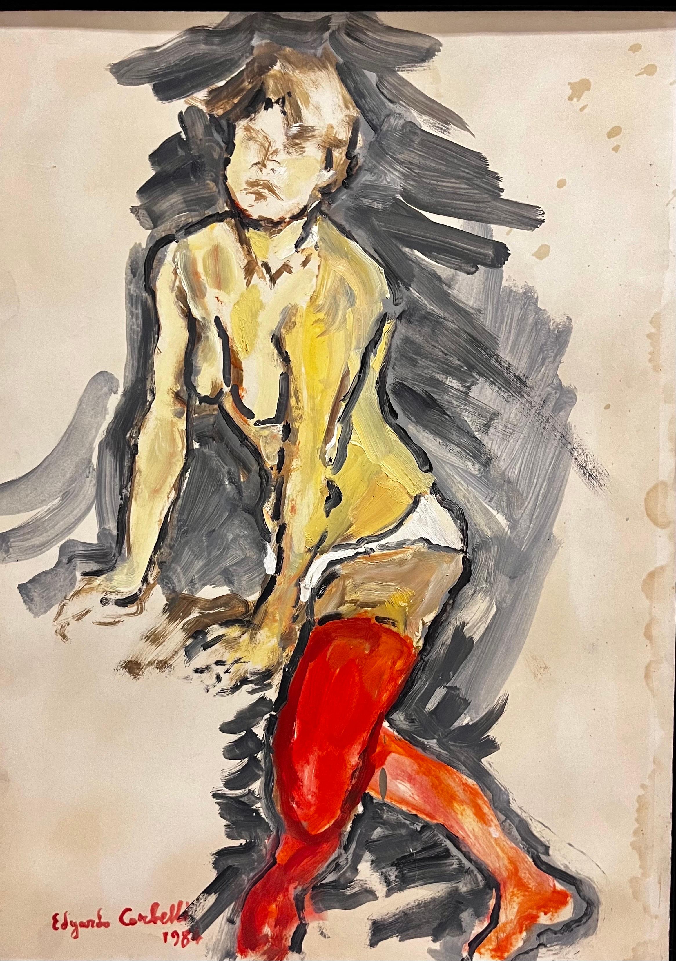 « Donna con calze Rosse »  Olio su cartone cm. 50 x 70  1984 - Painting de Edgardo Corbelli