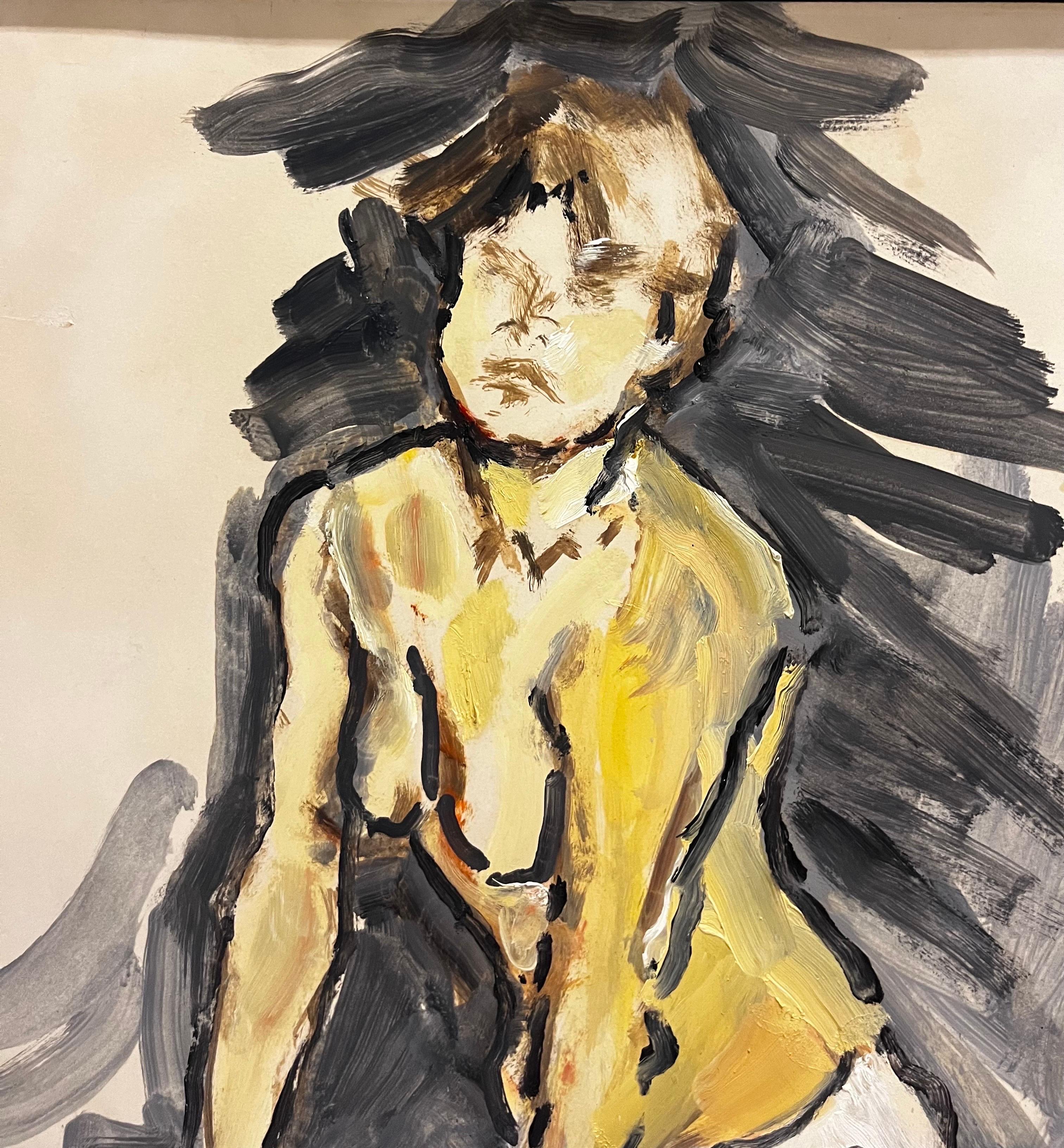 « Donna con calze Rosse »  Olio su cartone cm. 50 x 70  1984 - Expressionniste Painting par Edgardo Corbelli