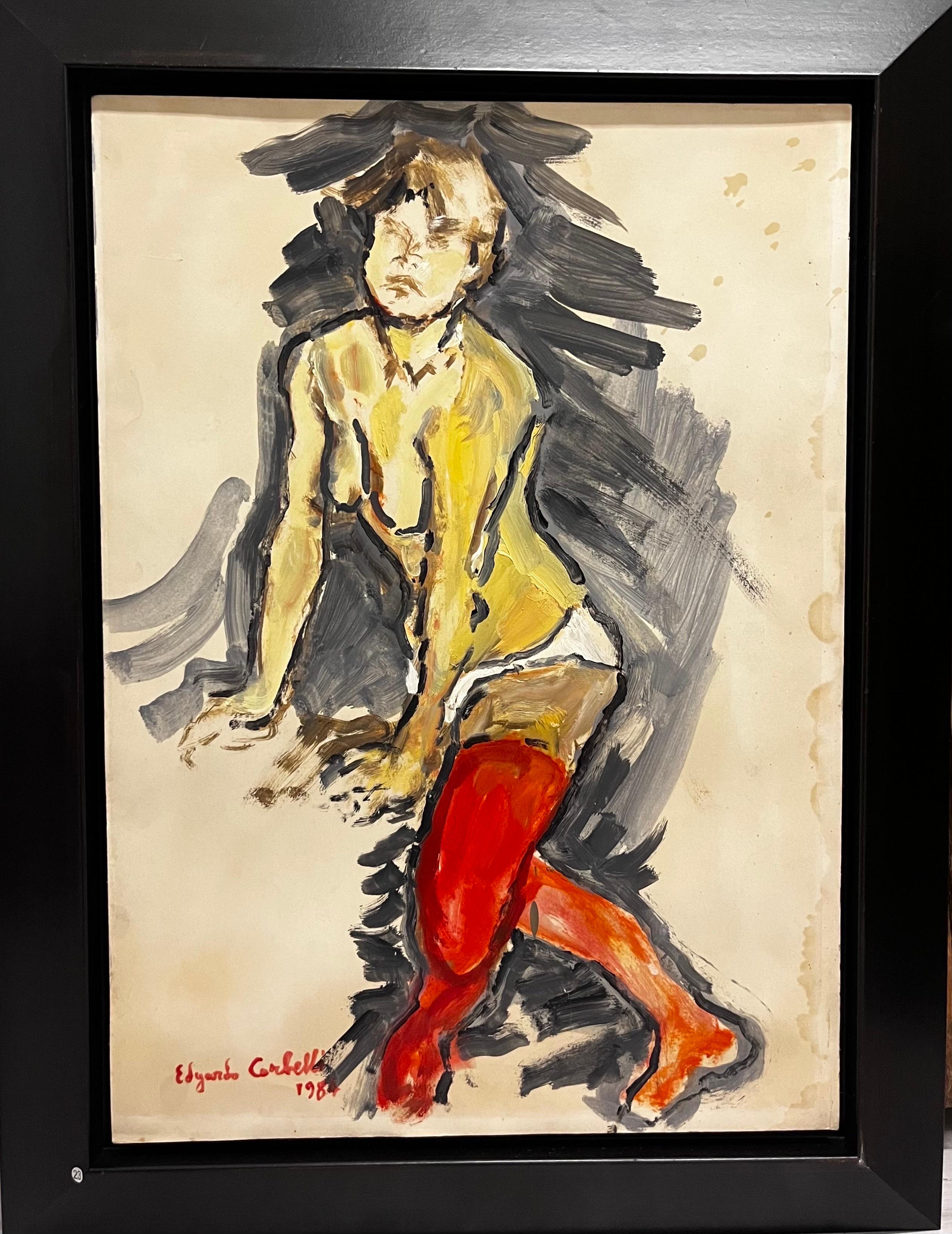 Edgardo Corbelli Nude Painting - "Donna con calze Rosse"  Olio su cartone cm. 50 x 70  1984