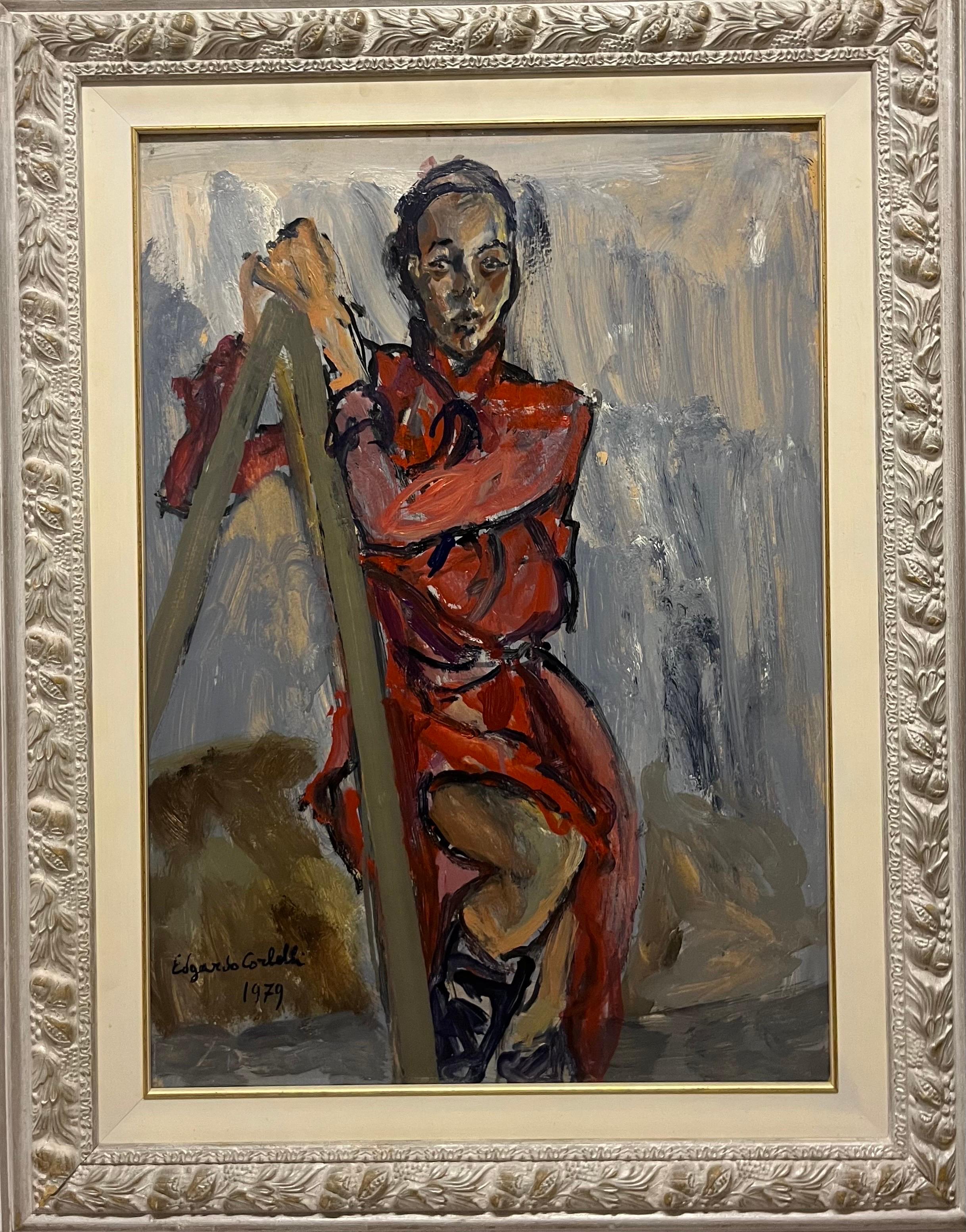 Edgardo Corbelli Figurative Painting - "Donna con vestito rosso" olio cm. 50 x 70  1979