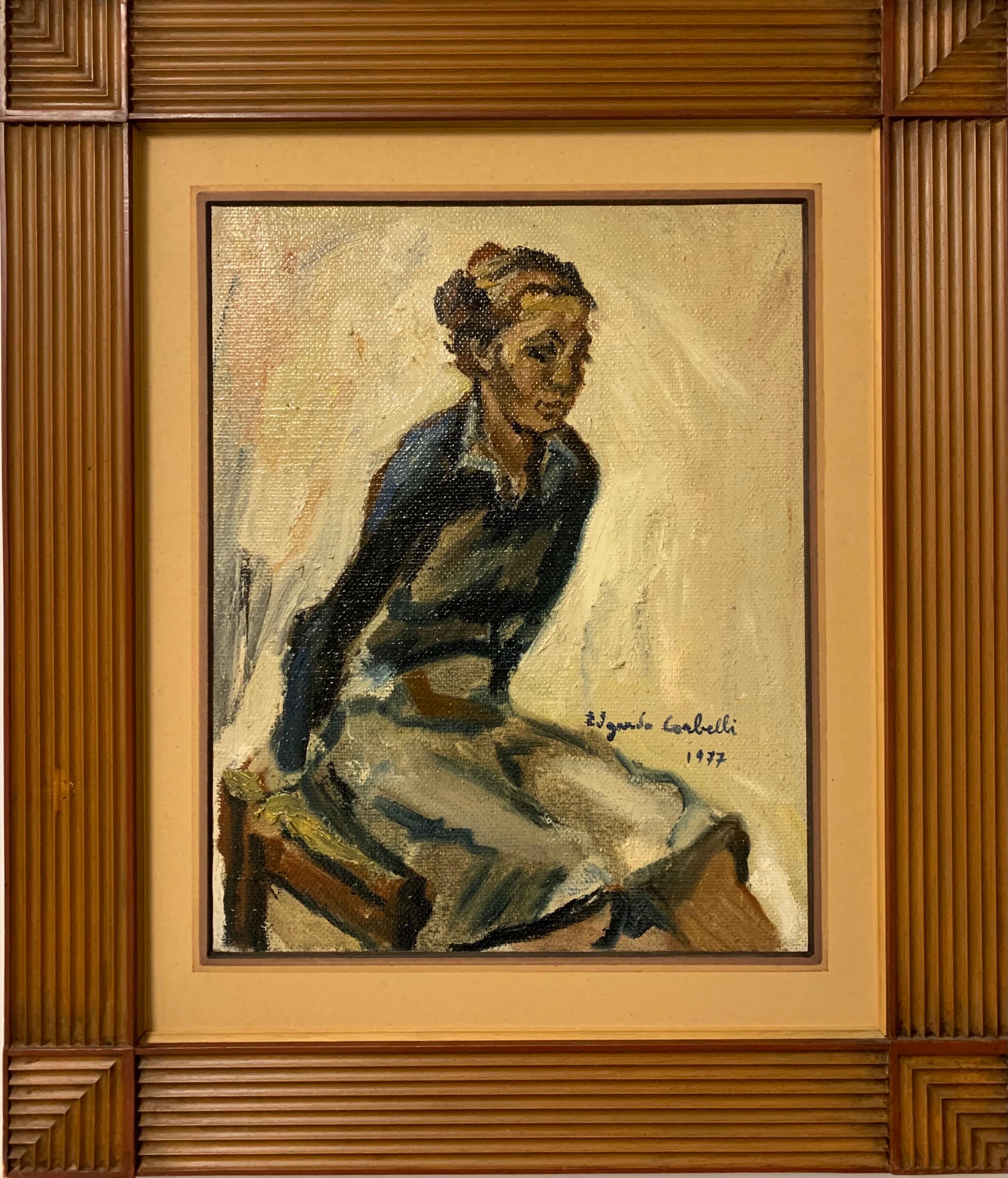 Edgardo Corbelli Figurative Painting - "Model sitting" woman, Oil cm.40 x 50 1977