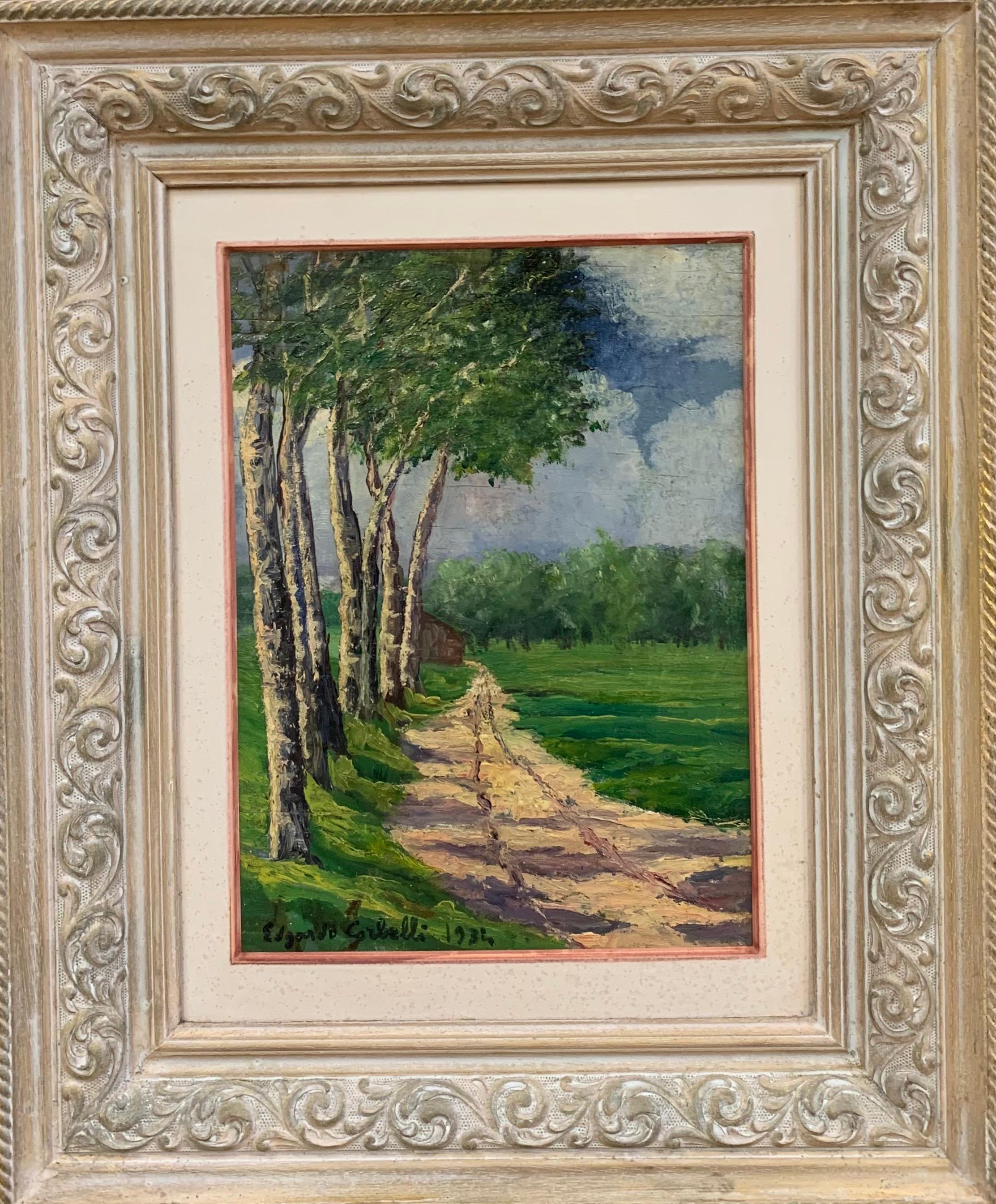 Edgardo Corbelli Landscape Painting - "Spring landscape" oil cm. 28 x 38  1934  green