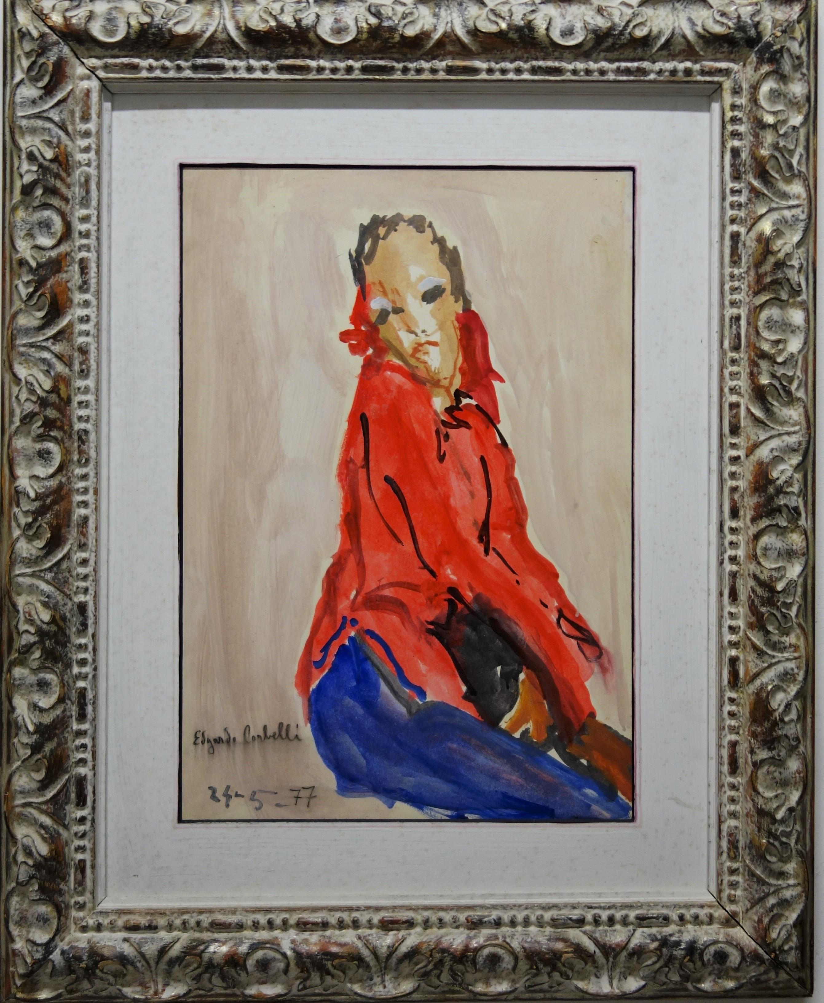 Figurative Painting di Edgardo Corbelli - "Donne in rosso" cm. 35 x 52  olio  1977