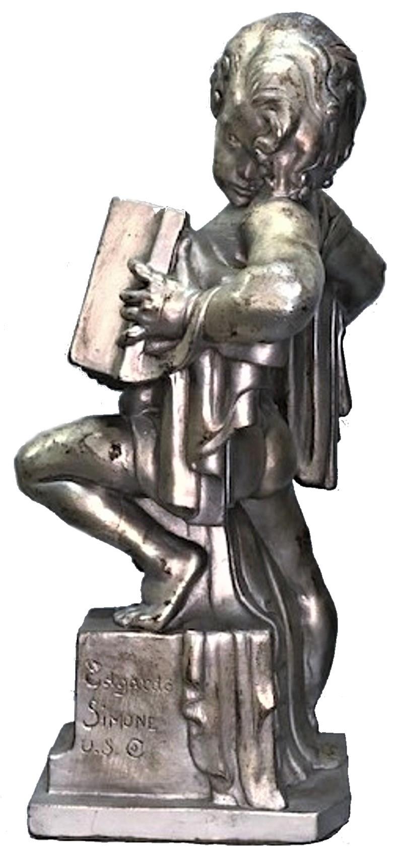Art déco Edgardo Simone, Joueur d'accordéon, Sculpture en plâtre argenté Art Déco, vers 1925 en vente