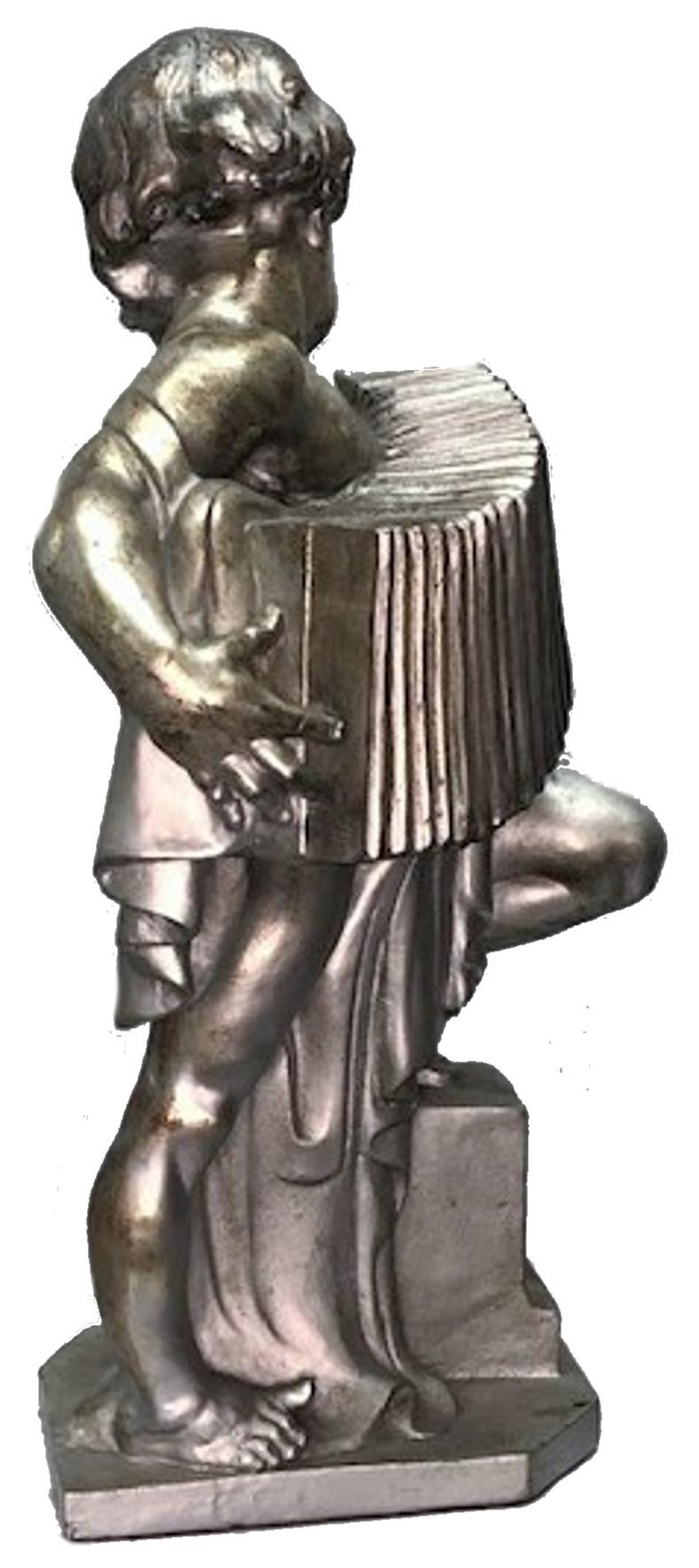 Early 20th Century Edgardo Simone, Accordion Player, Art Deco Silvered Plaster Sculpture, ca. 1925 For Sale