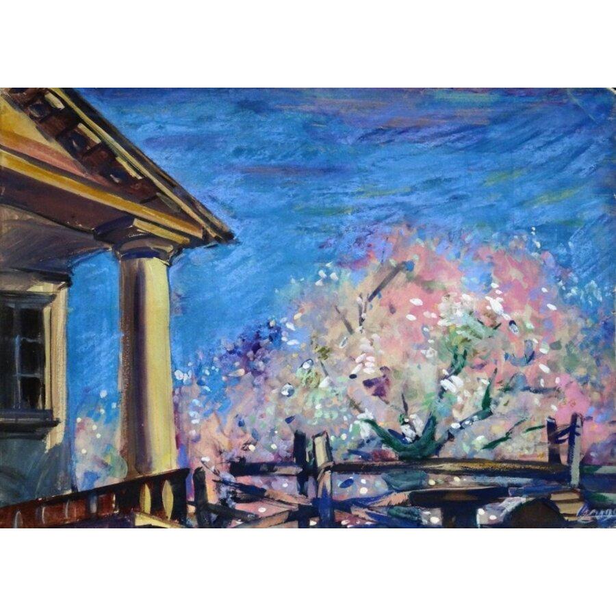 Landscape Painting de Edgars Vardaunis - Vista sobre el jardín. Cartón, técnica mixta, 50x69 cm