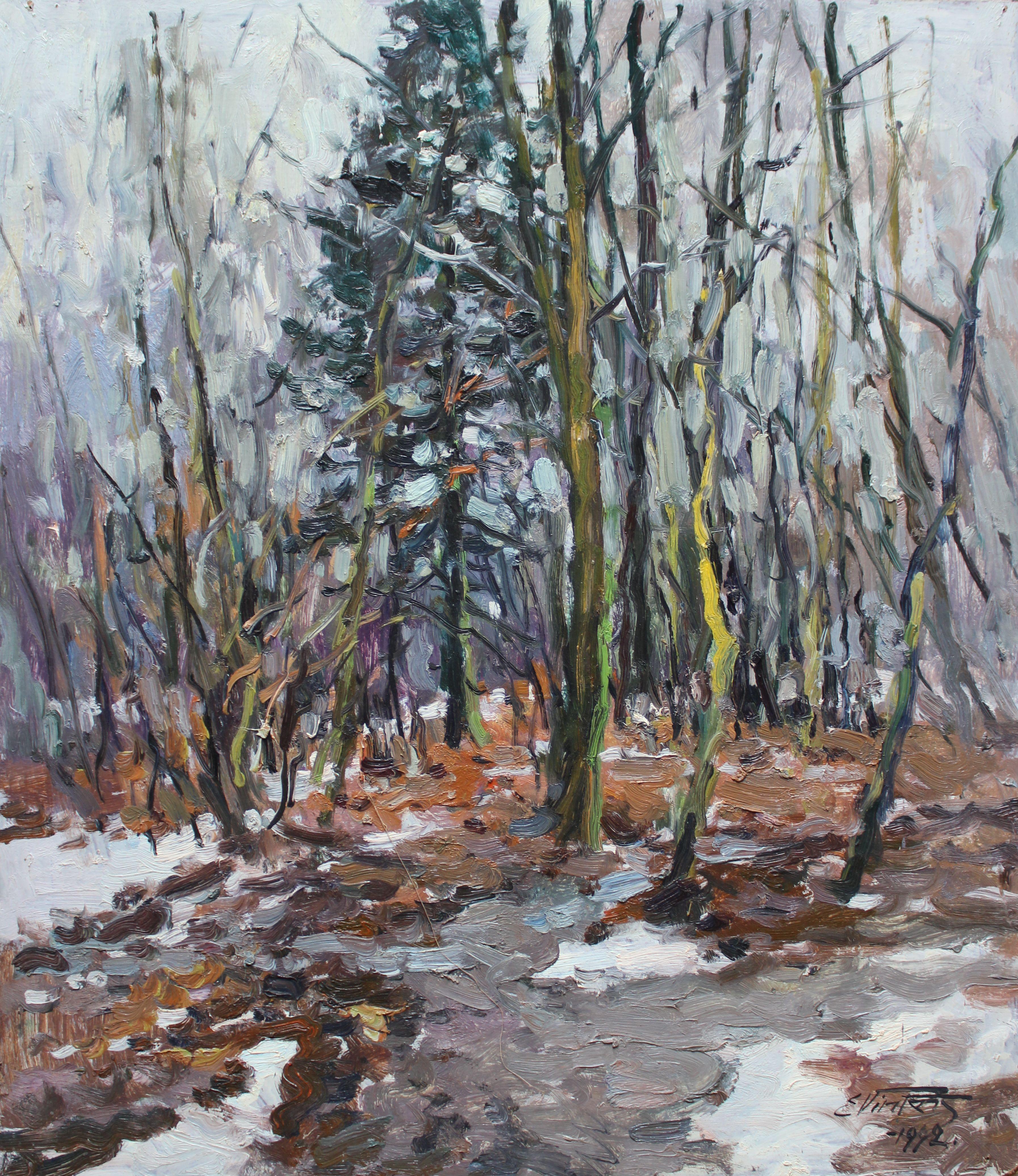 Edgars Vinters Landscape Painting - An early spring. 1992. cardboard, oil, 85x75