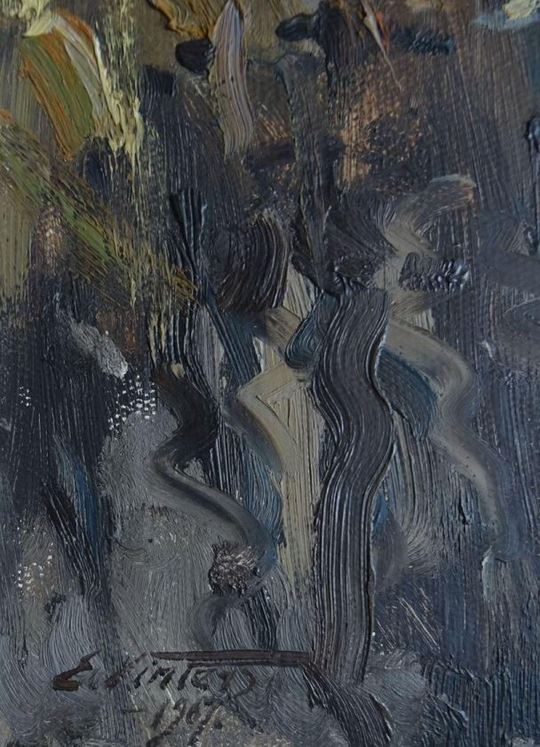 Autunno. 1967. Olio su cartone, 68x57 cm - Landscape Painting Nero di Edgars Vinters