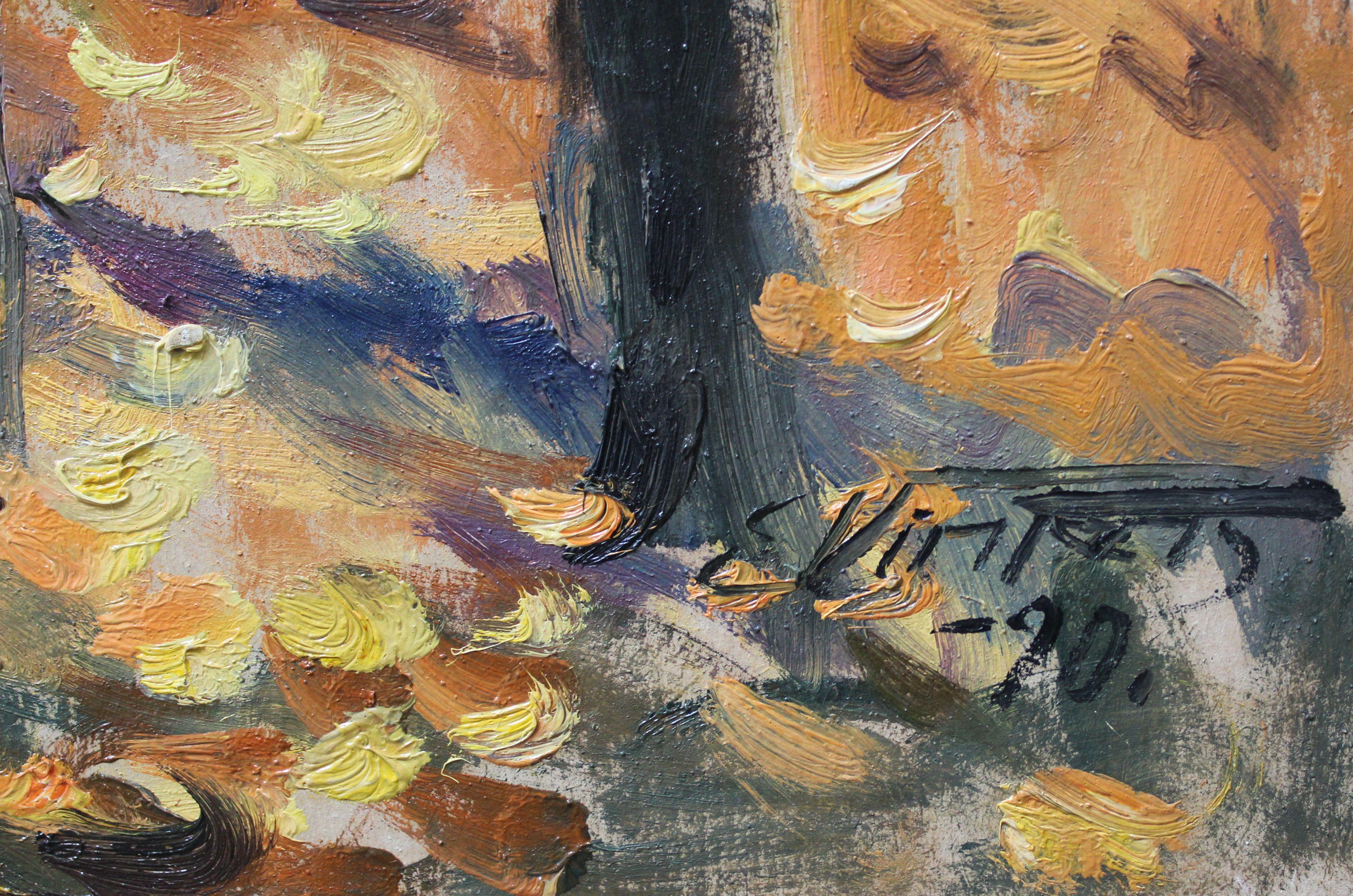 Autumn foliage. 1990. Cardboard, oil, 95x70 - Impressionist Painting by Edgars Vinters