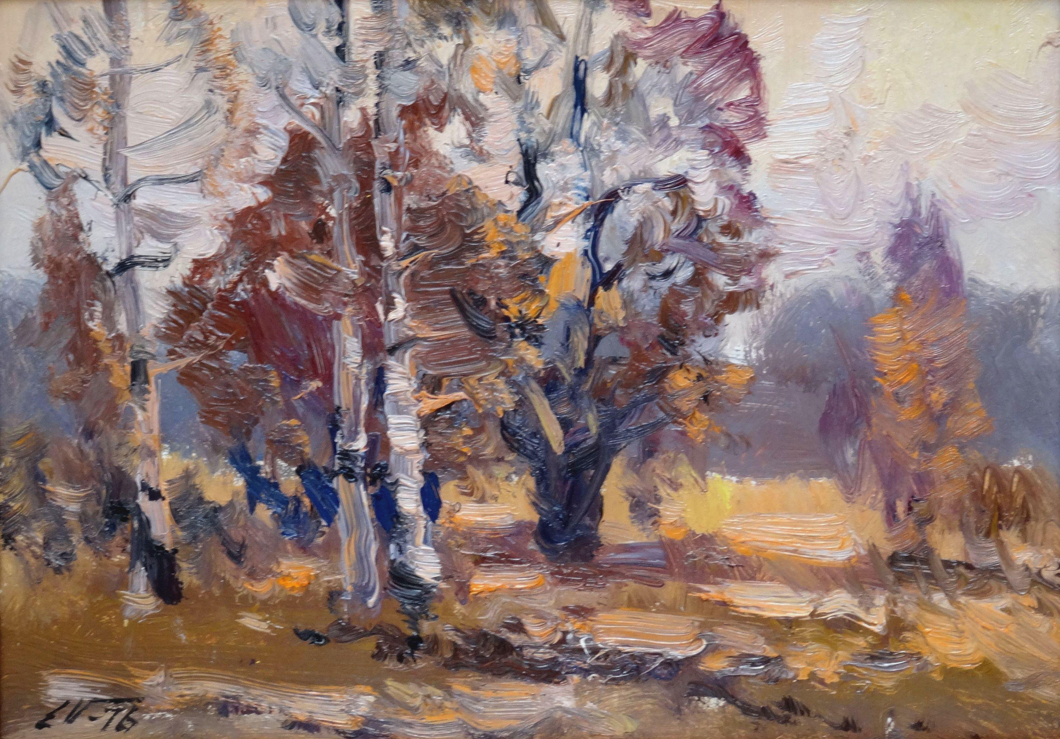 Edgars Vinters Landscape Art – Herbstlandschaft. 1976. Öl auf Karton, 22x31 cm