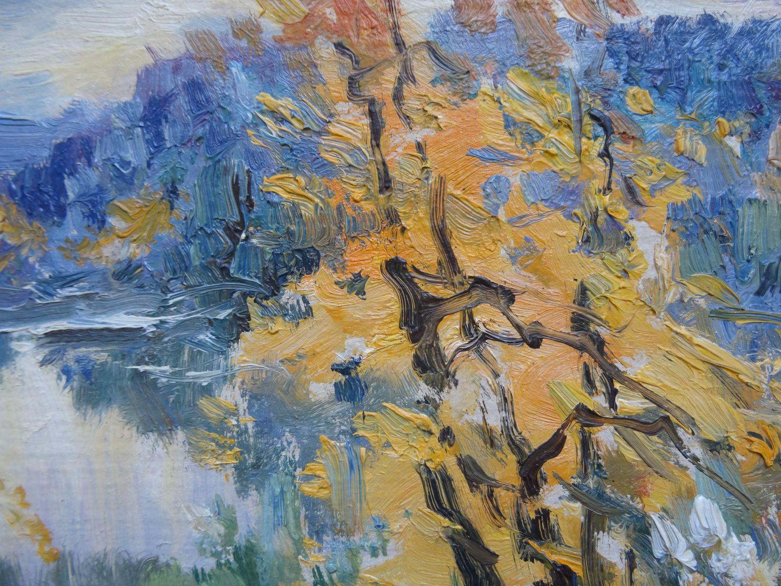 Autumn landscape. 1999. Oil on cardboard, 20x32.5 cm - Impressionist Painting by Edgars Vinters