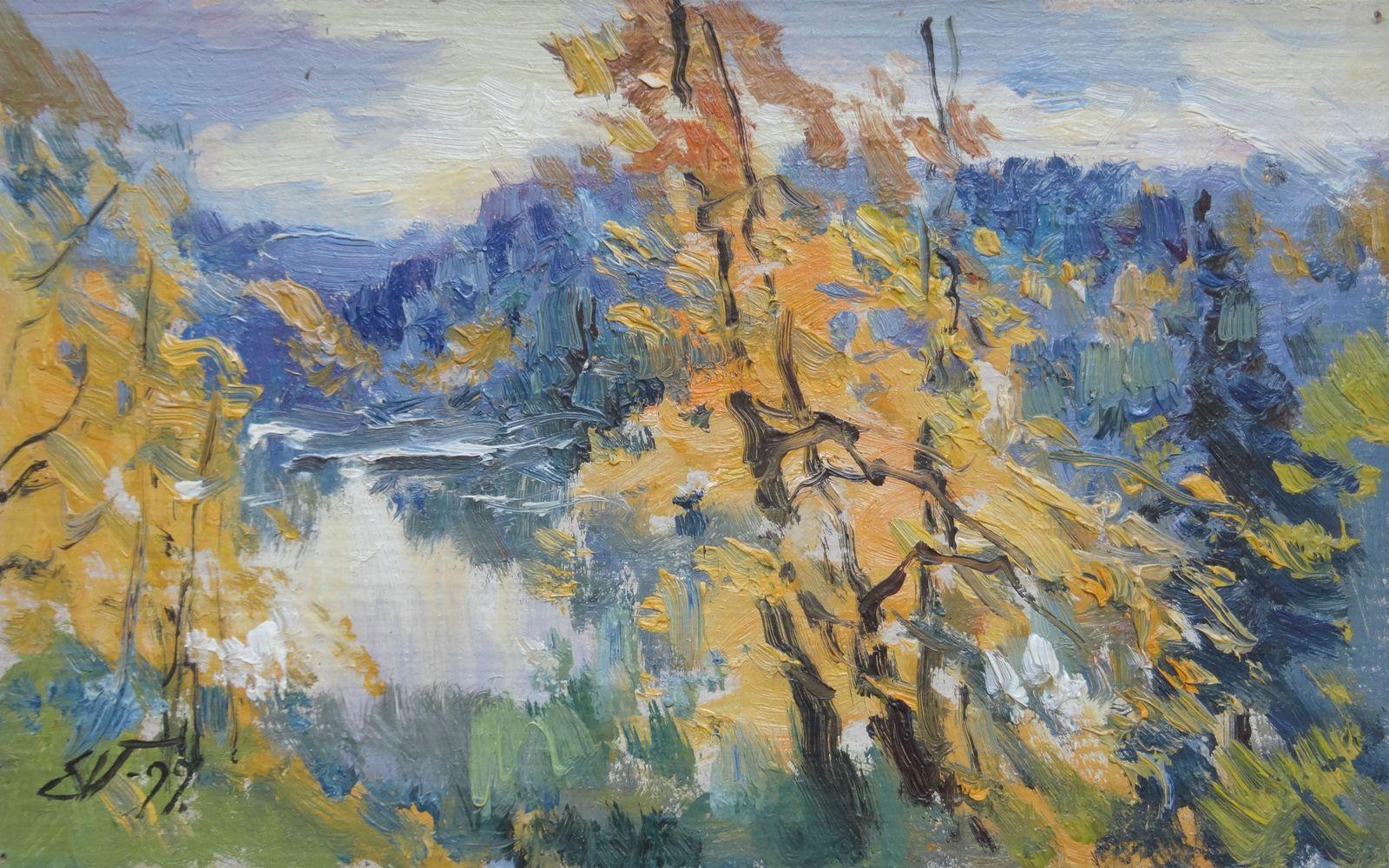 Edgars Vinters Landscape Painting - Autumn landscape. 1999. Oil on cardboard, 20x32.5 cm