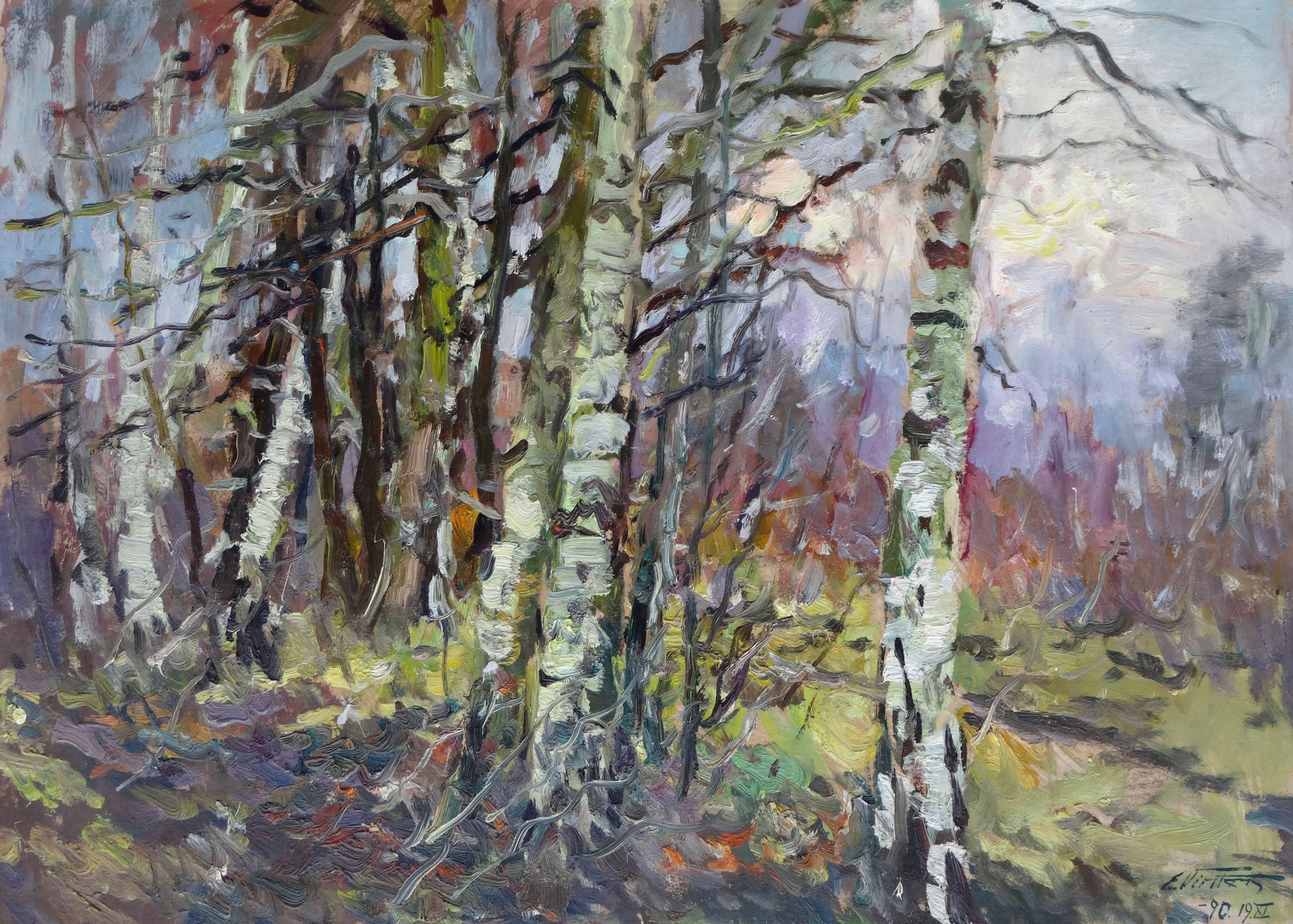 Edgars Vinters Landscape Art - Birch trunks. 1990, oil on board, 71x95, 5 cm