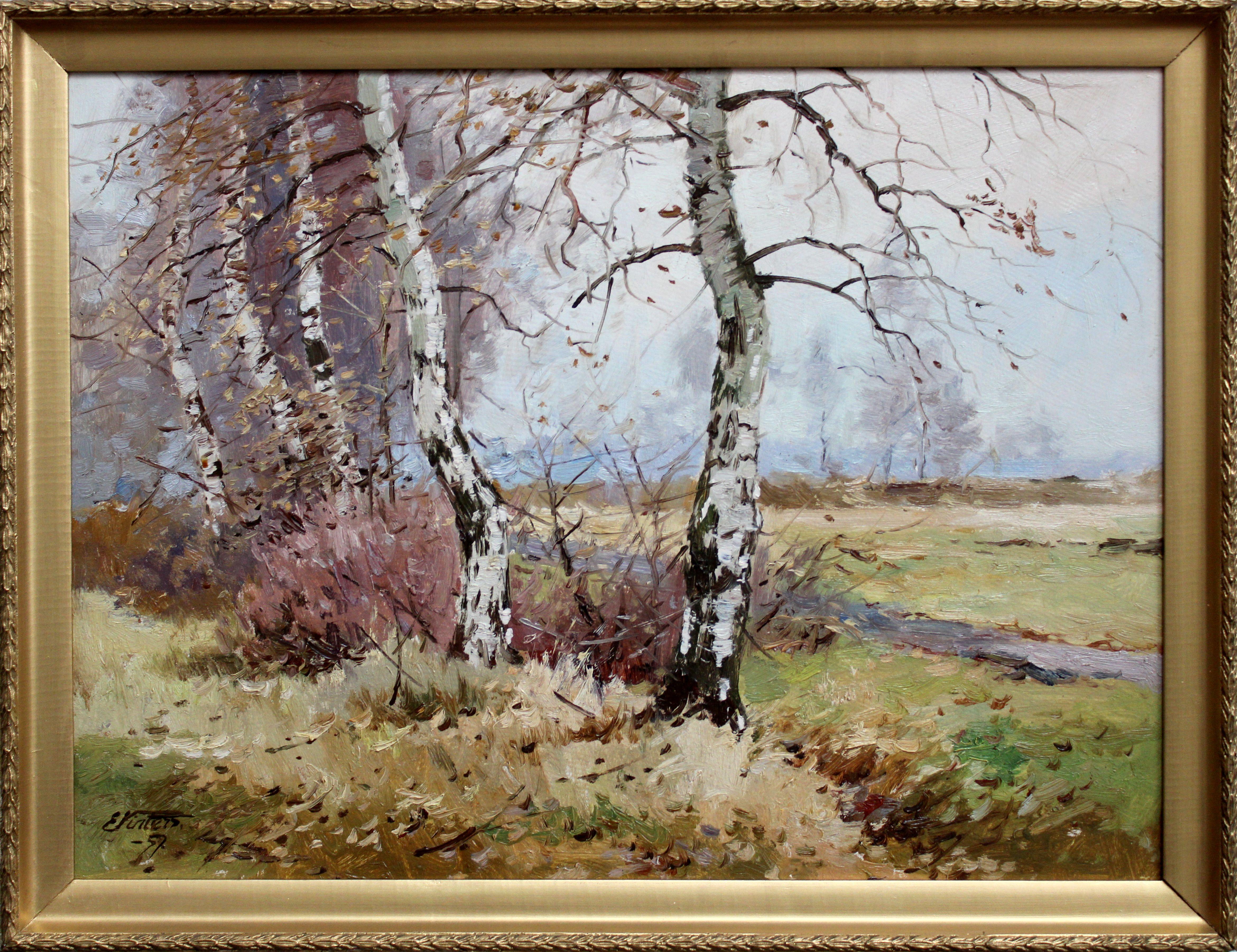 Birches. 1957, oil on cardboard, 45x60 cm - Painting by Edgars Vinters