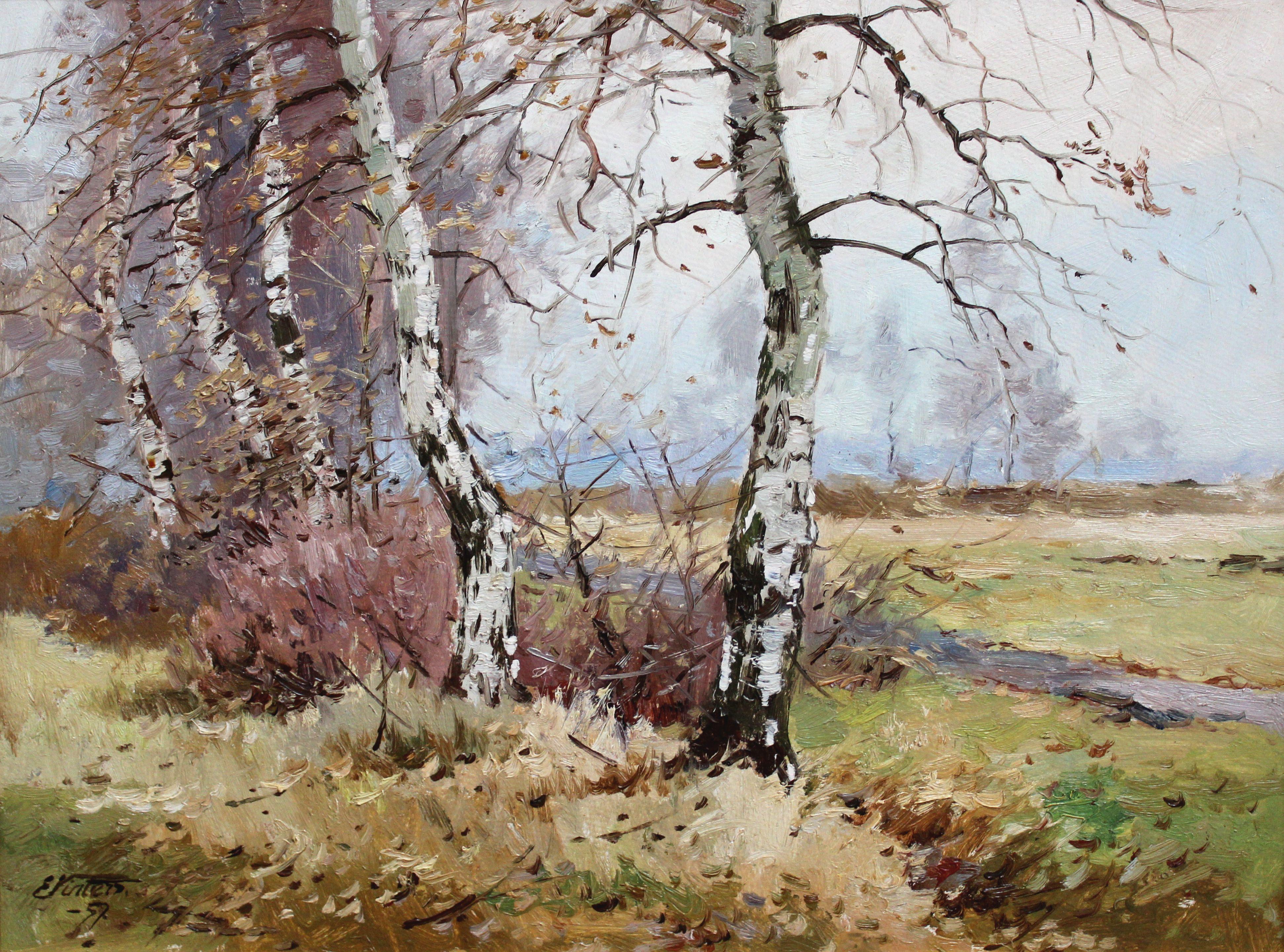 Edgars Vinters Landscape Painting – Birken. 1957, Öl auf Karton, 45x60 cm