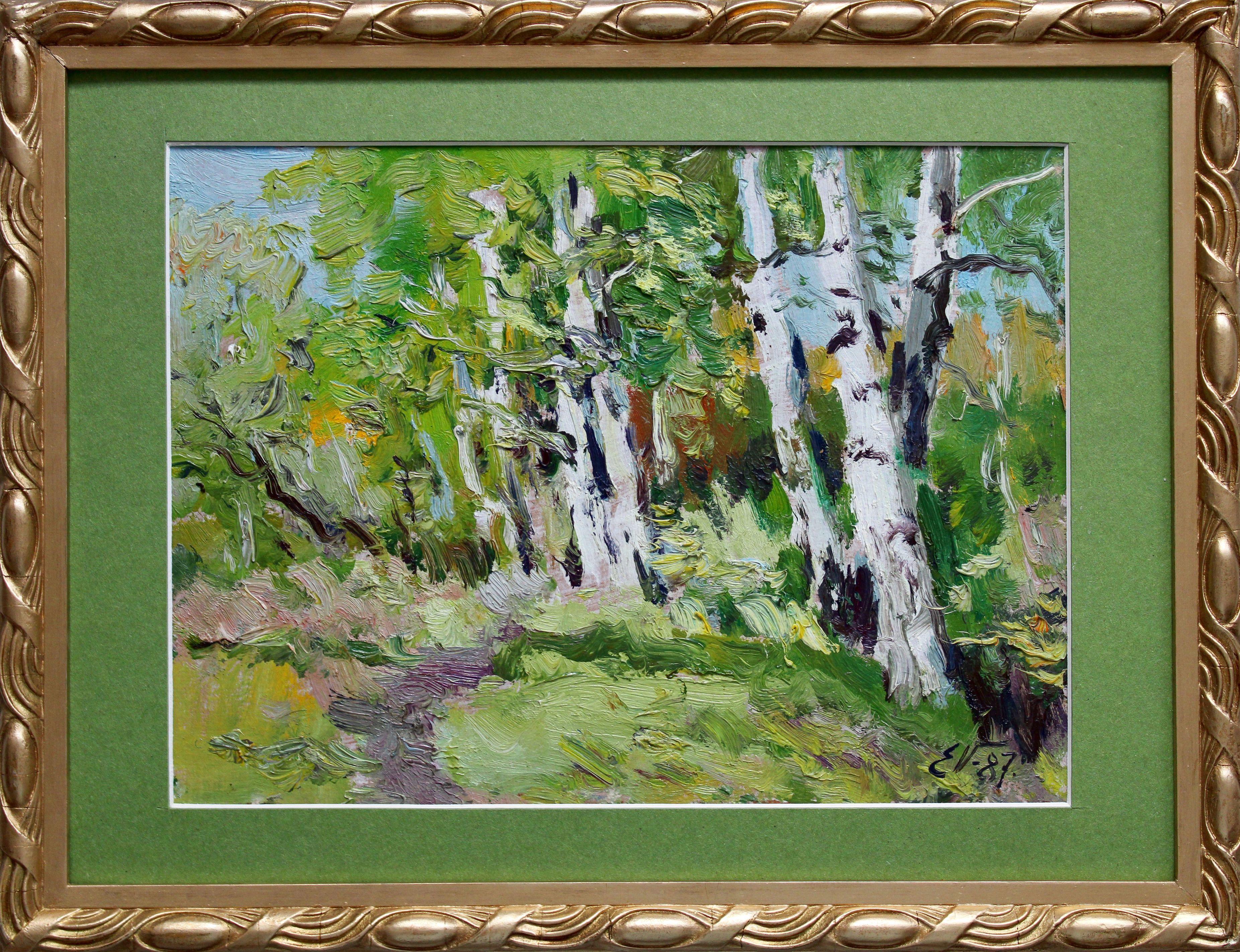Betulle in primavera. 1987, olio su cartone, 24x32 cm - Painting di Edgars Vinters